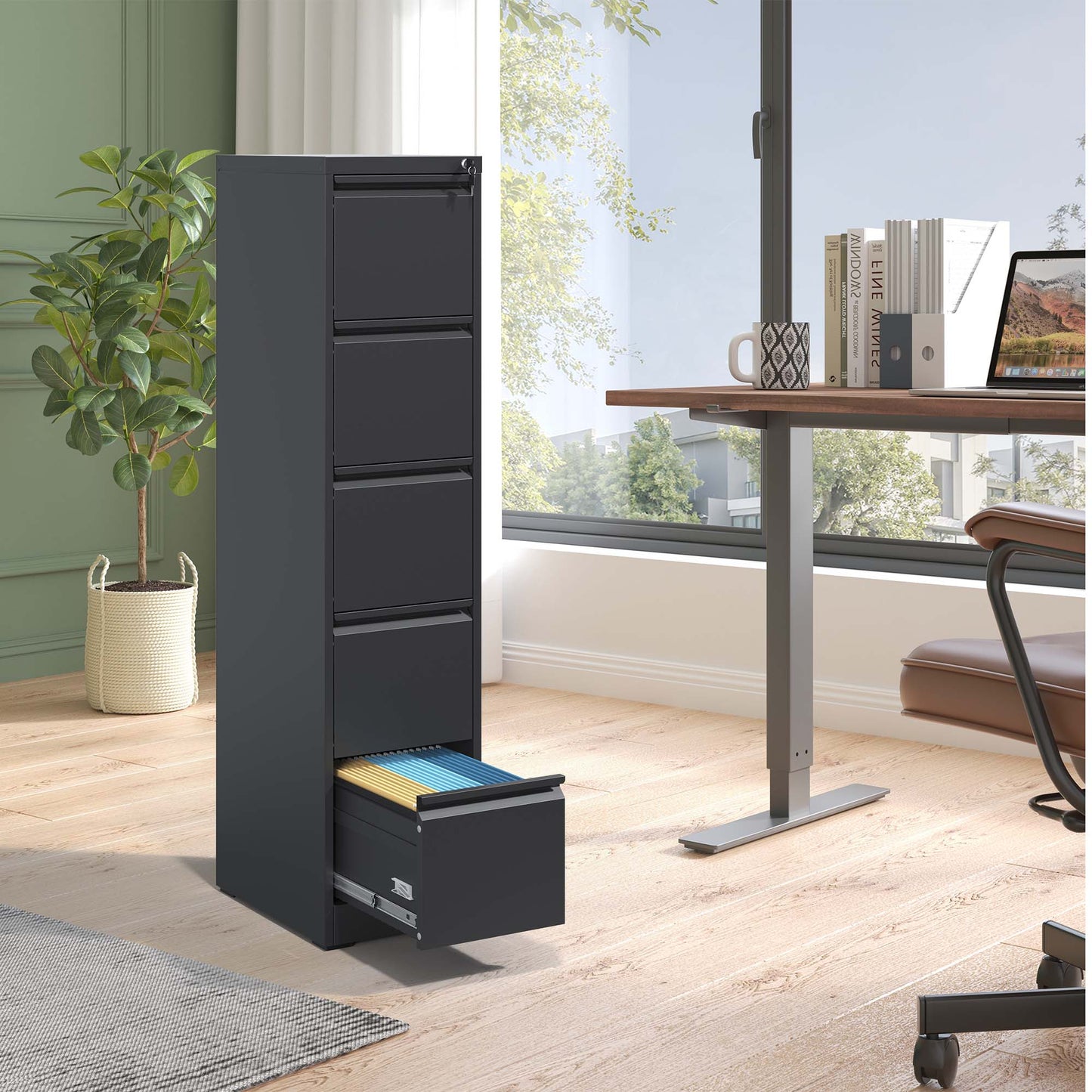 VIYET 64" Black 5-Drawer Vertical Metal File Cabinet with Lock, Tall Locking Filing Cabinet, Fits Letter Legal & A4 Files