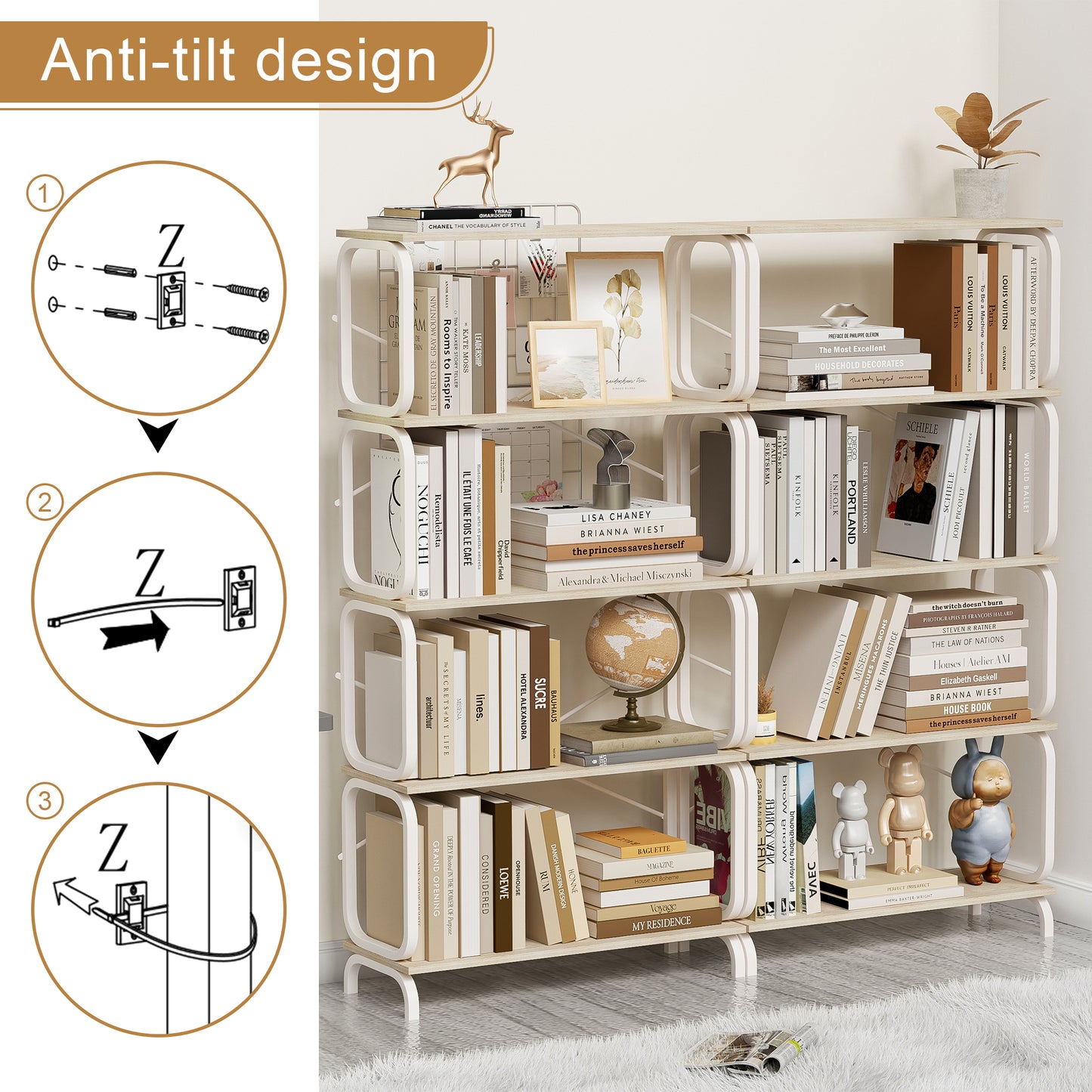 VIYET63" 5-Tier Industrial shelf, White MDF+Iron Frame Open Bookcase (Anti-Tipping Home Office/Living Room Organizer)