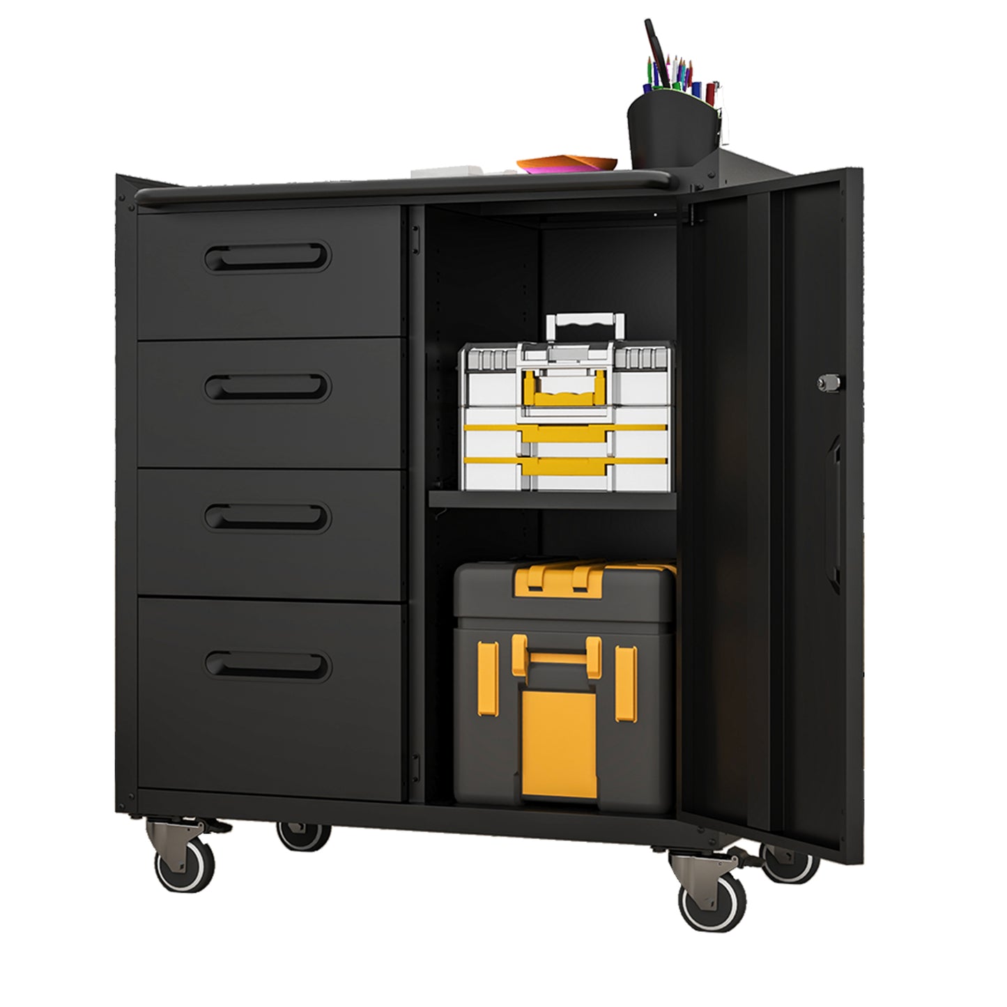 VIYET 35"H Heavy-Duty Mobile Steel Tool Cabinet, Categorized Drawers, Lockable Adjustable Shelf, 360° Casters, Black+Gray, Garage/Home/Office/Workshop