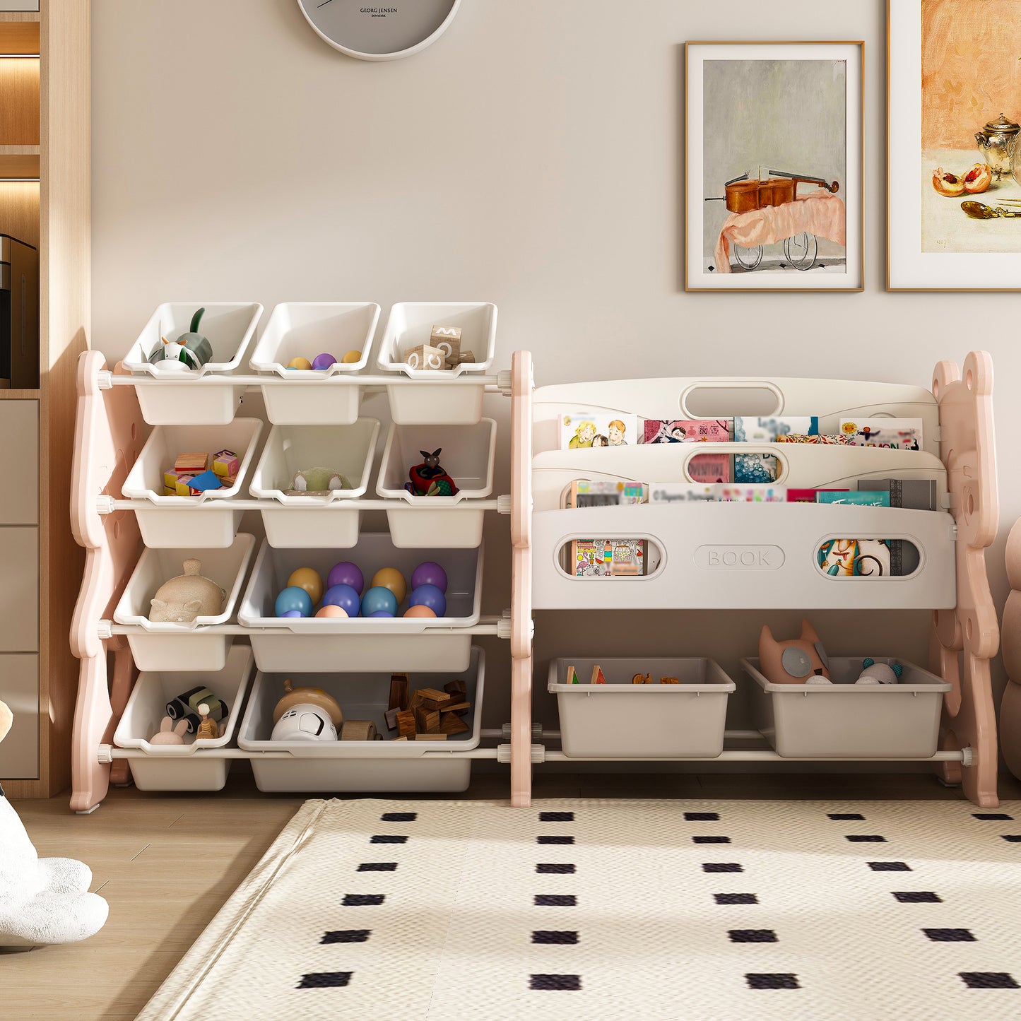 VIYET 34" Kids Toy Storage Organizer, Pink Polyethylene Unit w/ 2-Tier Bookshelf & 12 Toy Bins (Playroom/Bedroom Classroom Organizer)