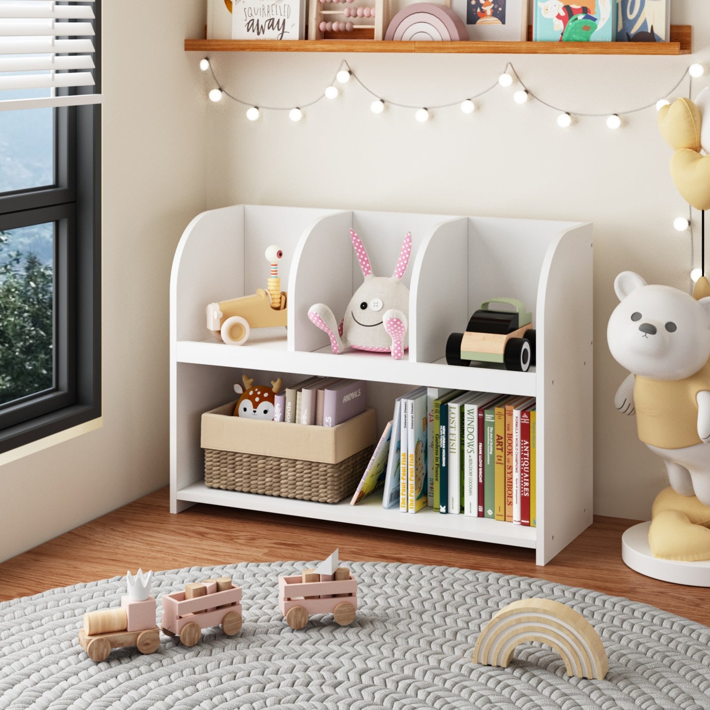 VIYET 24" Kids 4-Compartment Bookcase, White MDF Storage Display Rack (Anti-Tipping Toy Organizer for Playroom/Nursery)