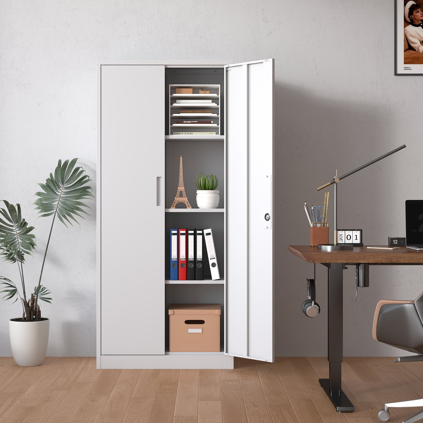 VIYET 71"H Metal Garage Storage Cabinet, White Lockable Steel Cabinet w/ 3 Adjustable Shelves (Anti-Tipping Office/Pantry Organizer)