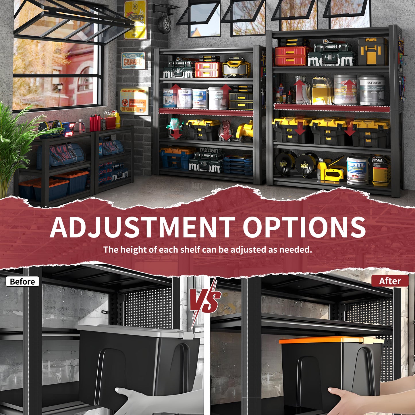 VIYET 72"H 5-Tier Adjustable Metal Shelving with Pegboard, 2000LBS Heavy-Duty Storage Rack for Garage Kitchen Office