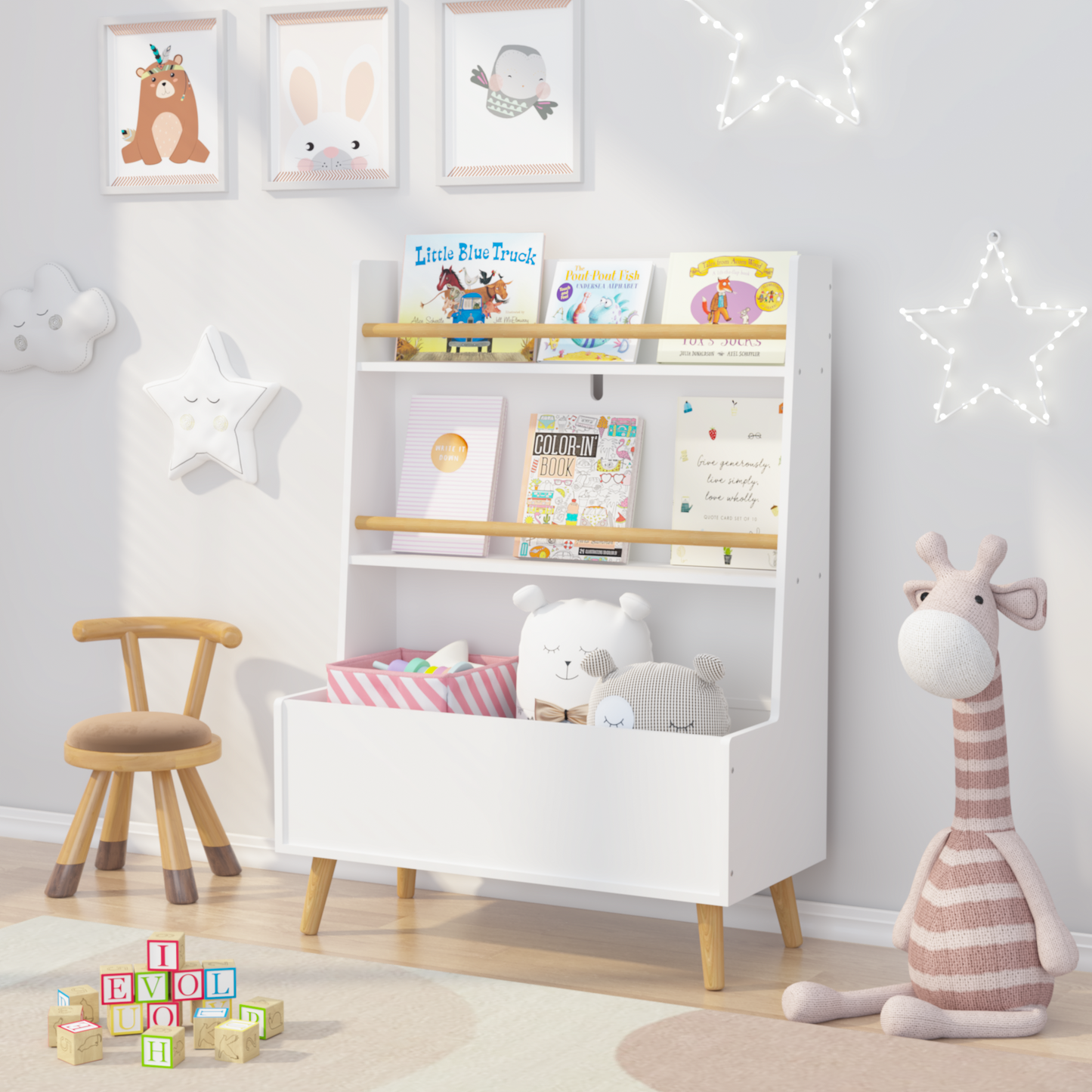 VIYET 37" Kids Bookshelf & Toy Organizer - White MDF+Pine Legs, 2 Shelves, Storage Bin, Anti-Tipping