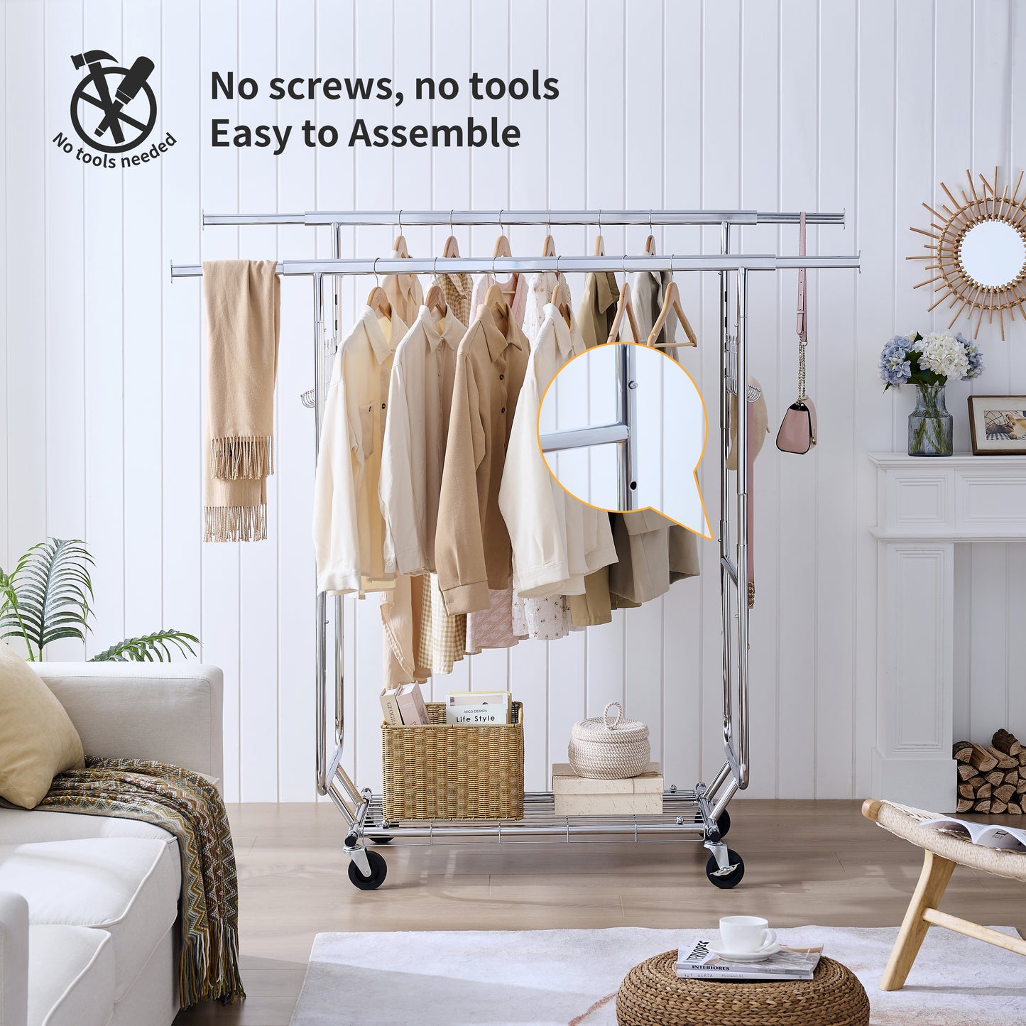VIYET 68" 800LBS Double Garment Rack with Shelves, Heavy-Duty Iron Rolling Clothes Rack (Collapsible Commercial Portable Hanger)