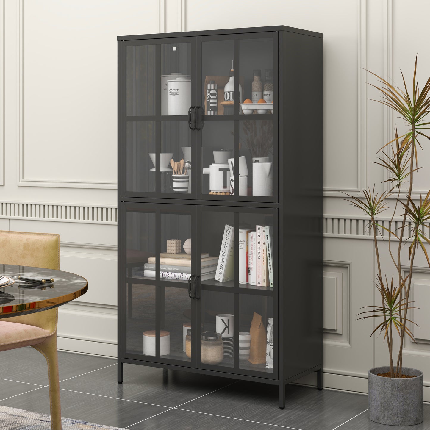 VIYET 63"H Premium Black Metal Storage Cabinet, Tempered Glass Doors + Adjustable Shelves, Anti-Tipping & Magnetic Silent Closure for Home/Office