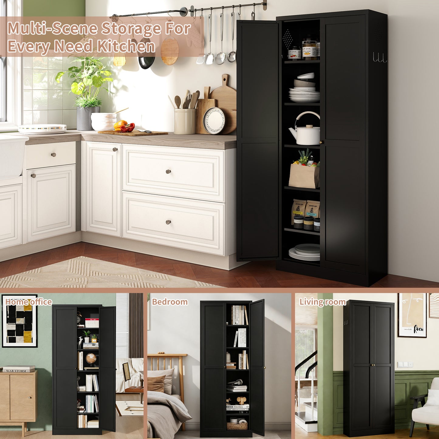 VIYET 72" Black Metal Kitchen Pantry Cabinet with Doors, 5 Adjustable Shelves, Heavy-Duty Tool-Free Freestanding Organizer