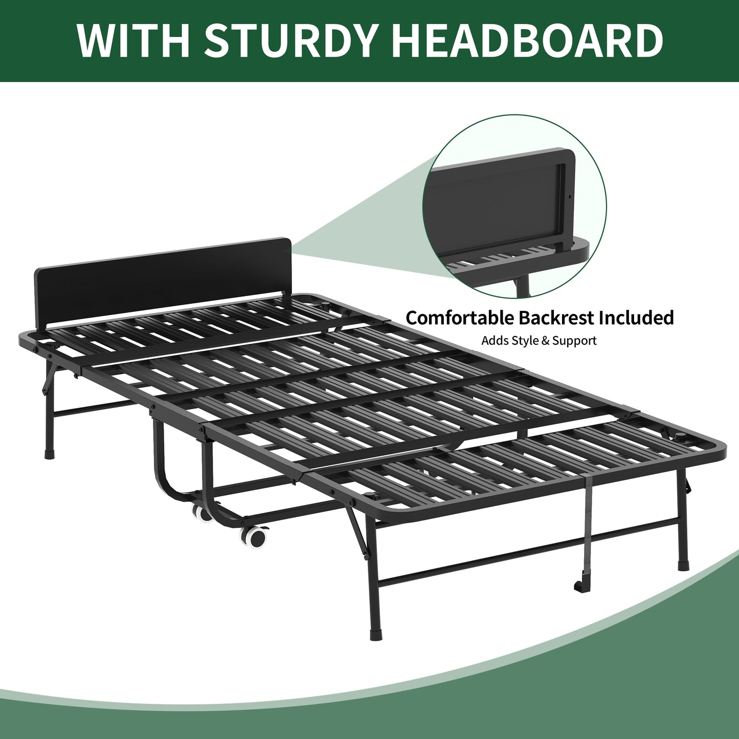 VIYET Twin Folding Rollaway Guest Bed with Adjustable Headboard, 5" Memory Foam Mattress, 450LB Portable Bed with Wheels