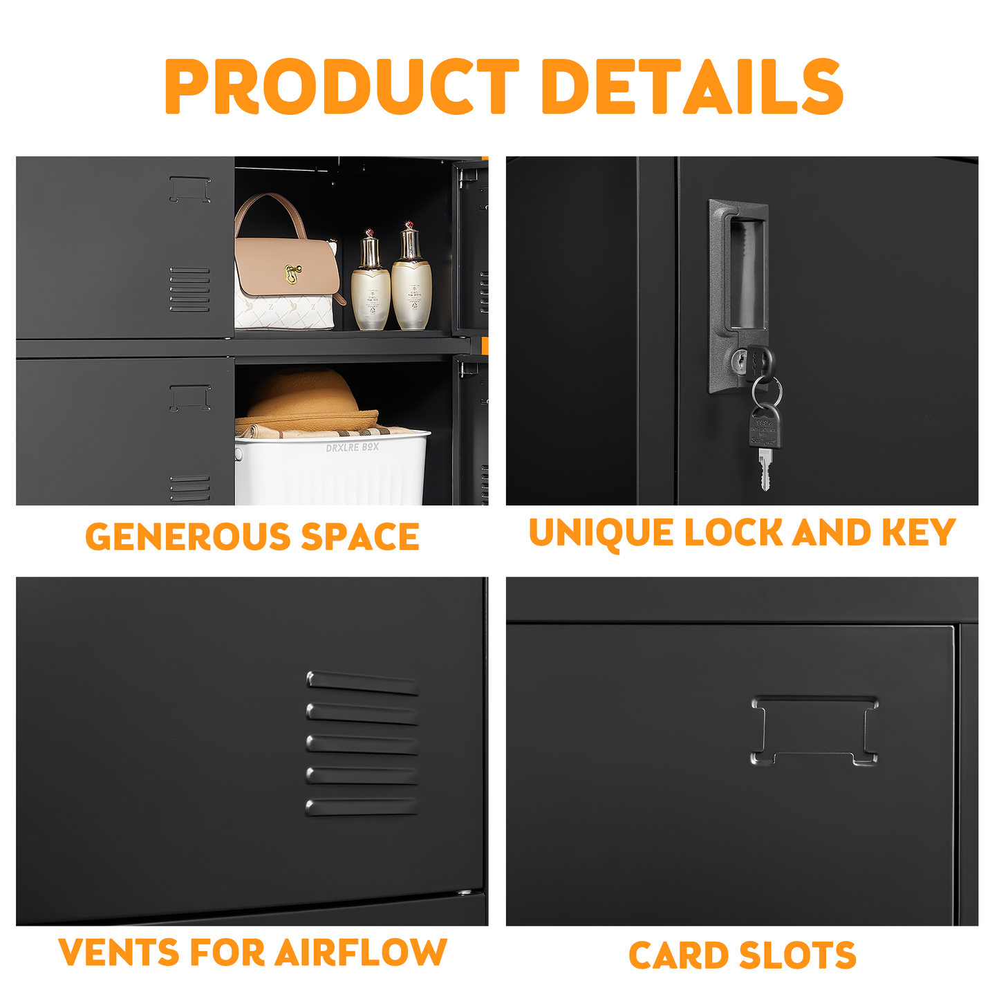 VIYET 6-Door Metal Storage Locker with Lock and Card Slot, Freestanding Office, Gym, School & Home Storage Cabinet, Durable Black Steel