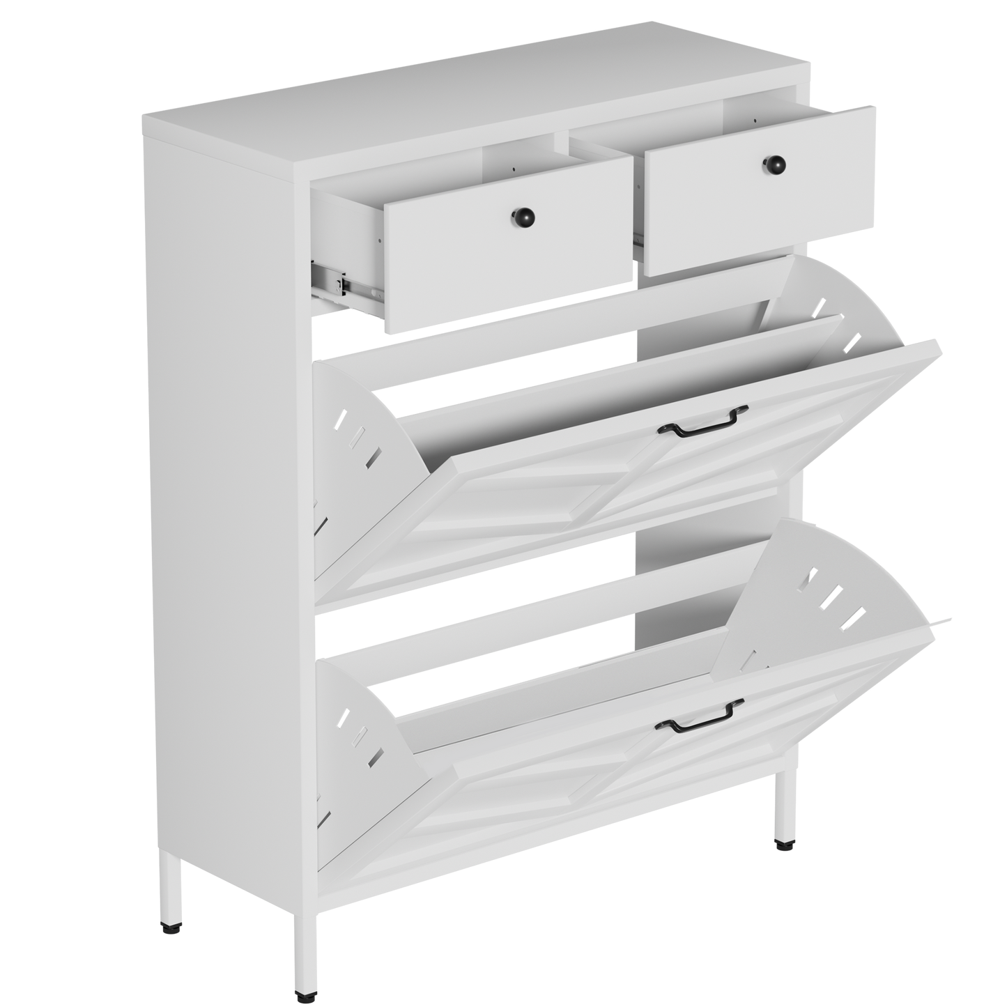 VIYET Slim Metal Shoe Cabinet with 2 Flip Drawers & 2 Top Drawers, Narrow Entryway Storage Organizer, Freestanding Hallway Shoe Rack, White