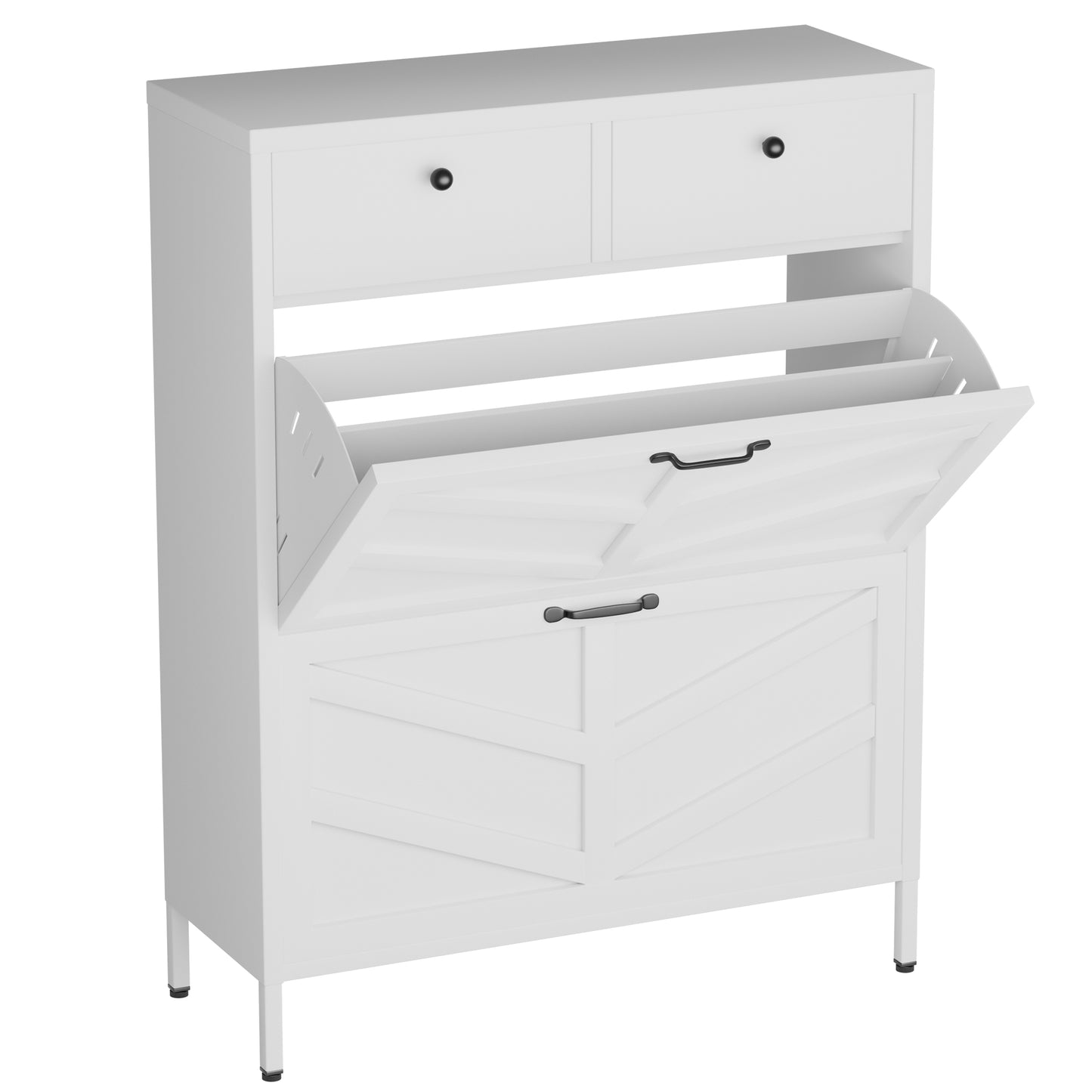 VIYET Slim Metal Shoe Cabinet with 2 Flip Drawers & 2 Top Drawers, Narrow Entryway Storage Organizer, Freestanding Hallway Shoe Rack, White