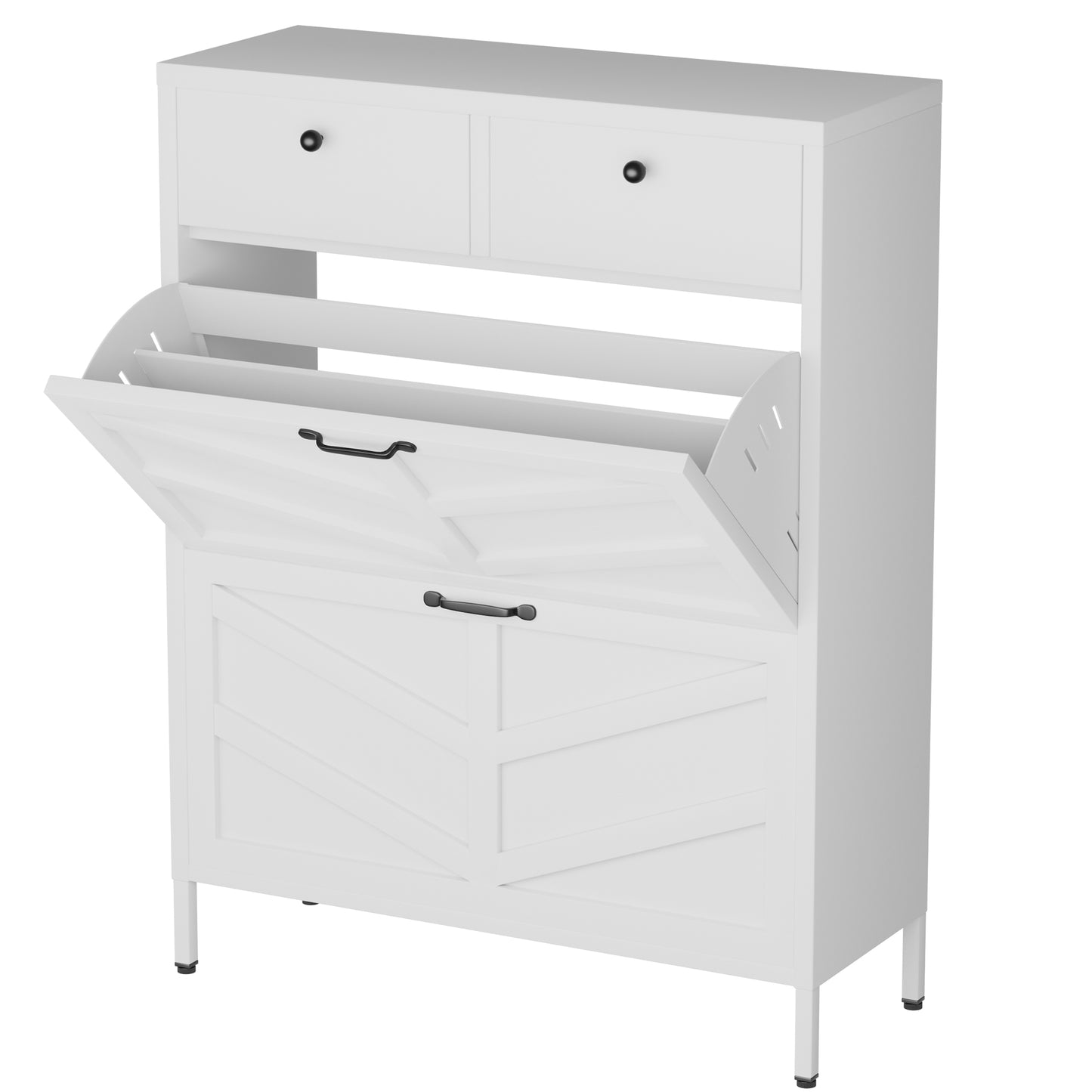 VIYET Slim Metal Shoe Cabinet with 2 Flip Drawers & 2 Top Drawers, Narrow Entryway Storage Organizer, Freestanding Hallway Shoe Rack, White