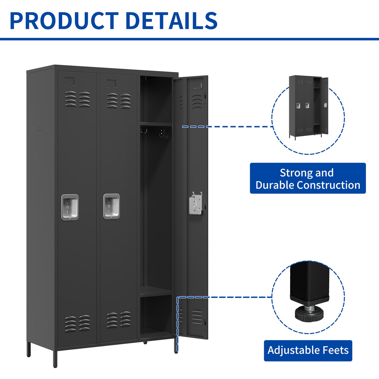 VIYET 72" 3 Door Metal Locker Storage Cabinet with Locks, Freestanding Employee Locker for Office, School, Gym, Garage & Home, Black