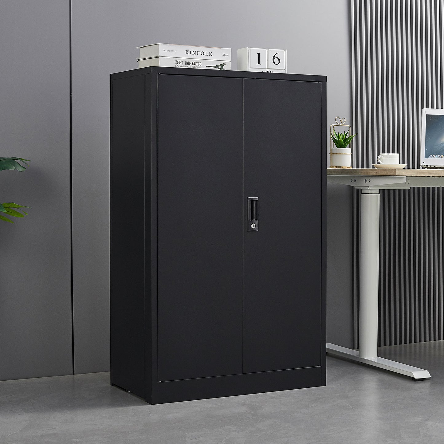 VIYET 41.97"H Metal Folding Storage Cabinet, Filing Cabinet w/ Locking Doors & Adjustable Shelf, Black