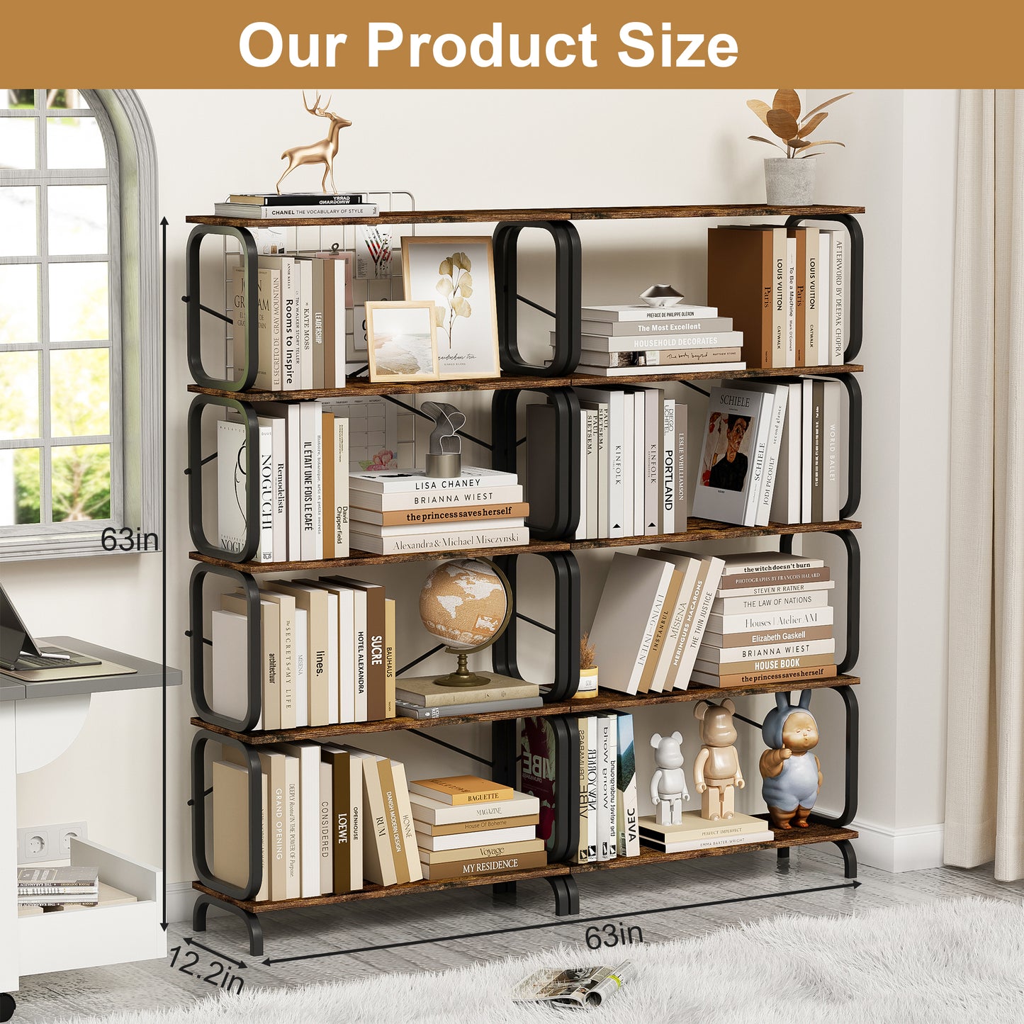 VIYET 63"×11.8"×63" 5-Tier Industrial Bookshelf - Rustic Brown MDF+Iron Frame, Anti-Tipping