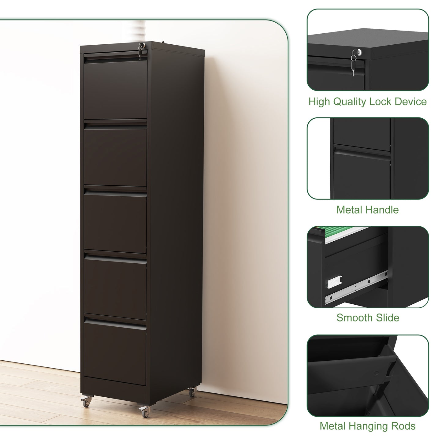 VIYET 64"H 5-Drawer Metal Vertical File Cabinet with Lock & Wheels,Heavy-Duty Storage for Home Office, Fits A4/Letter/Legal (Assembly Required)