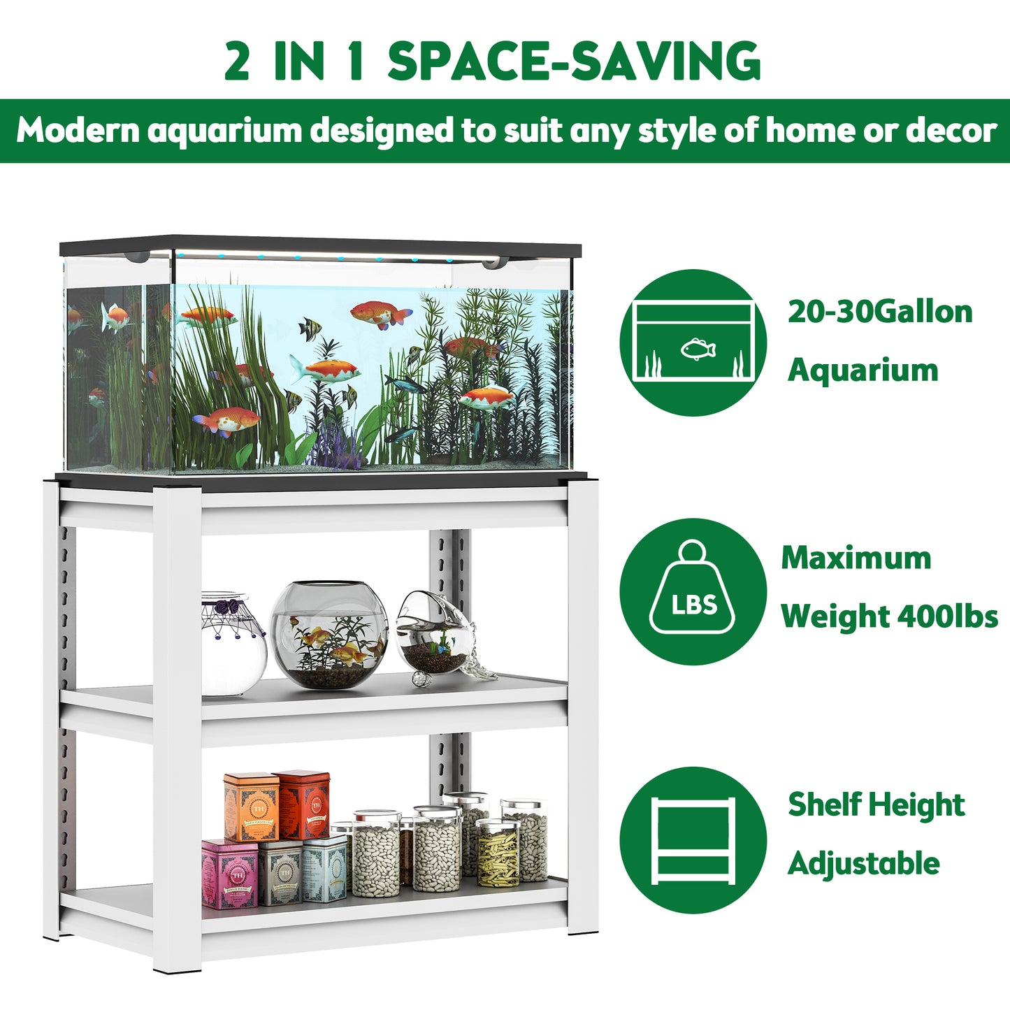 VIYET 31" 3-Tier Adjustable Fish Tank Stand - 400lbs Heavy-Duty Metal Aquarium Stand for 20-30 Gallon, Antique White with Floor Pads