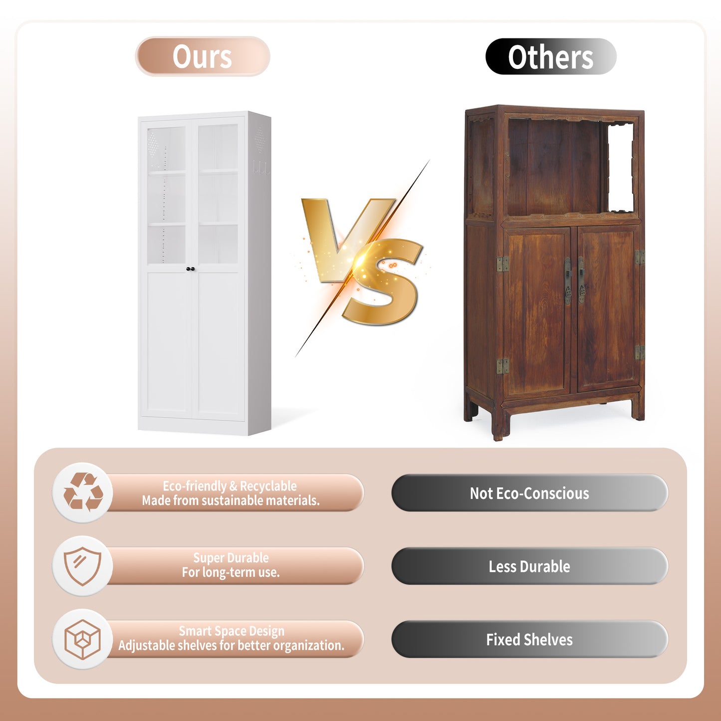 VIYET 72" Glass Door Metal Pantry Cabinet, White Kitchen Storage Cabinet with 5 Adjustable Shelves, Freestanding Display Cabinet