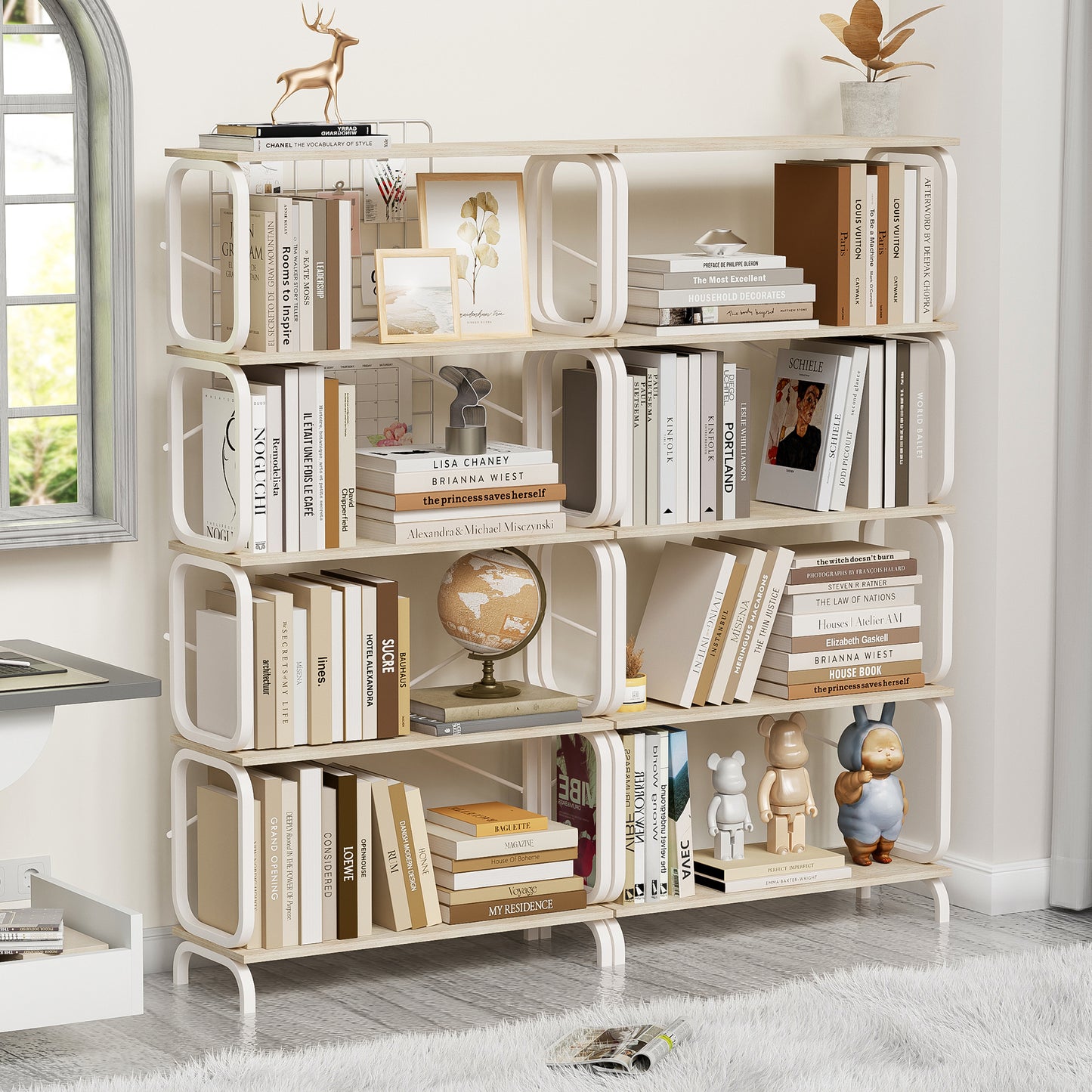 VIYET63" 5-Tier Industrial shelf, White MDF+Iron Frame Open Bookcase (Anti-Tipping Home Office/Living Room Organizer)
