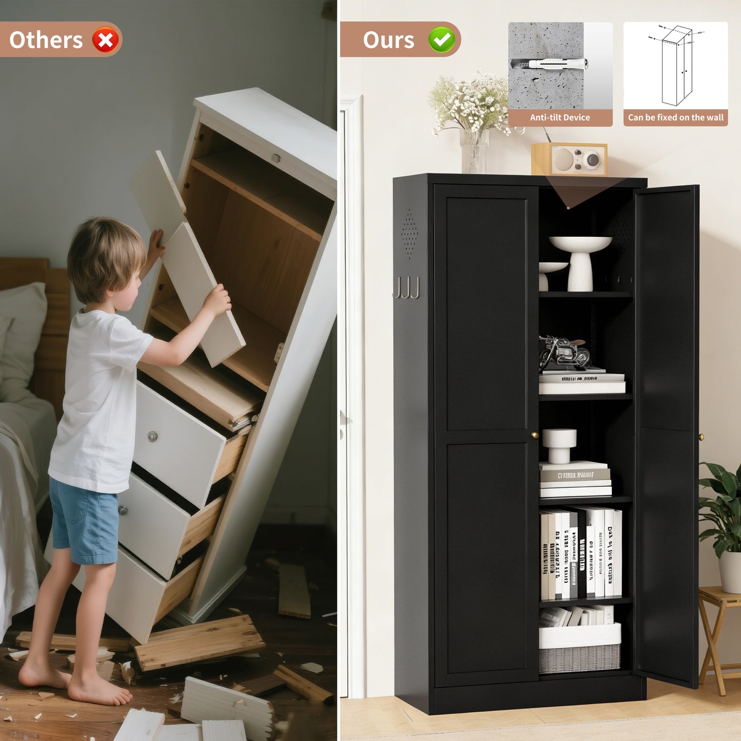 VIYET 61" Black Metal Kitchen Pantry Cabinet, 4 Adjustable Shelves 110lb Capacity, Heavy Duty Freestanding Organizer