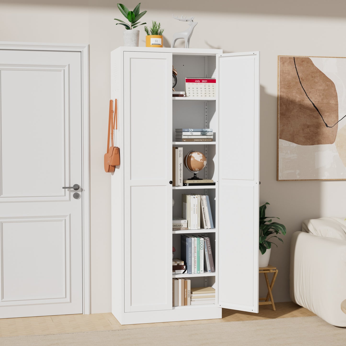 VIYET 72" Metal Pantry Cabinet with Doors, White Kitchen Storage Cabinet, Freestanding Organizer with 5 Adjustable Shelves