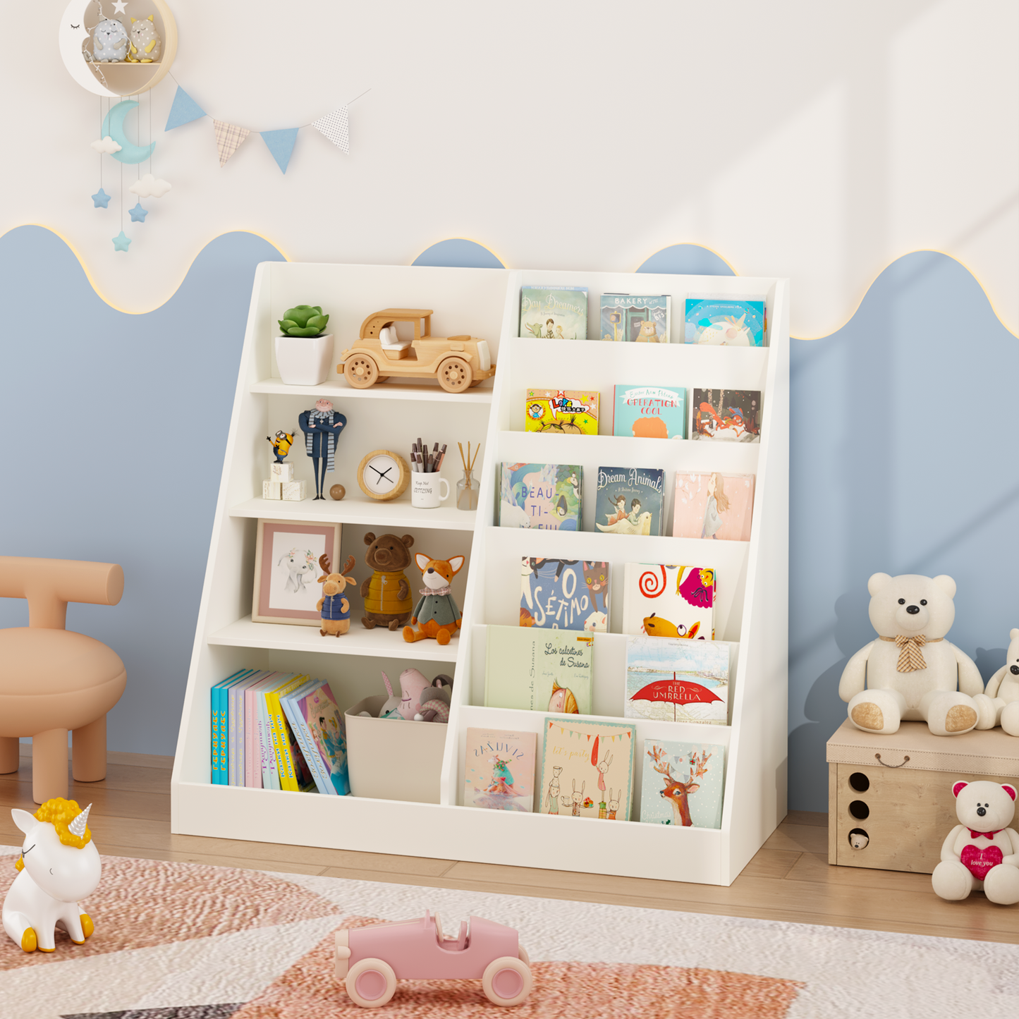 VIYET Kids Bookshelf and Toy Storage Organizer, 4 Tier Wooden Book Display Shelf with Storage Bin for Playroom, Nursery and Bedroom, White
