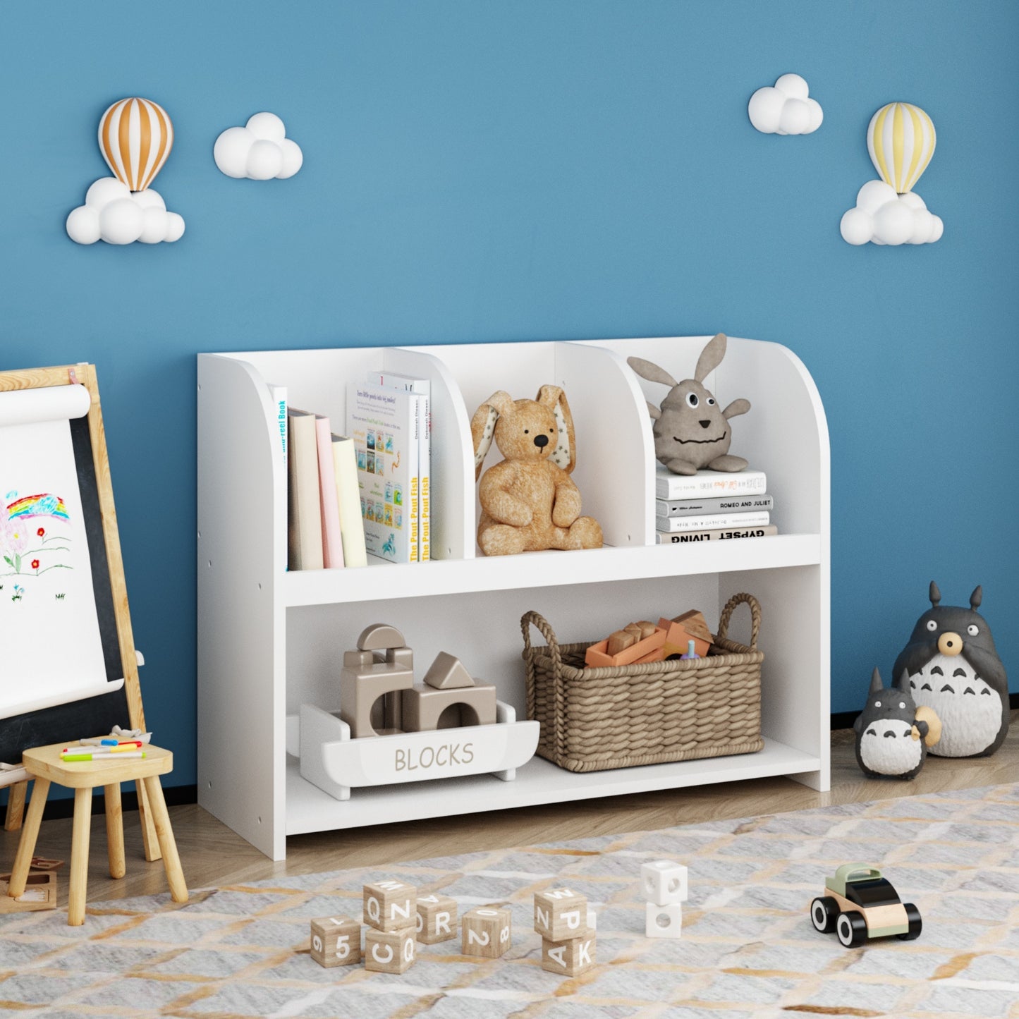 VIYET 24" Kids 4-Compartment Bookcase, White MDF Storage Display Rack (Anti-Tipping Toy Organizer for Playroom/Nursery)