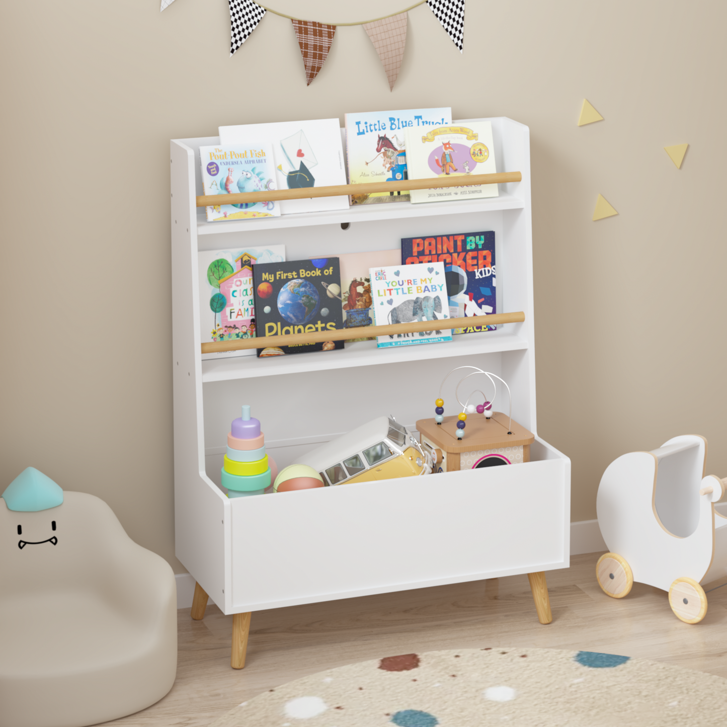 VIYET 37" Kids Bookshelf & Toy Organizer - White MDF+Pine Legs, 2 Shelves, Storage Bin, Anti-Tipping