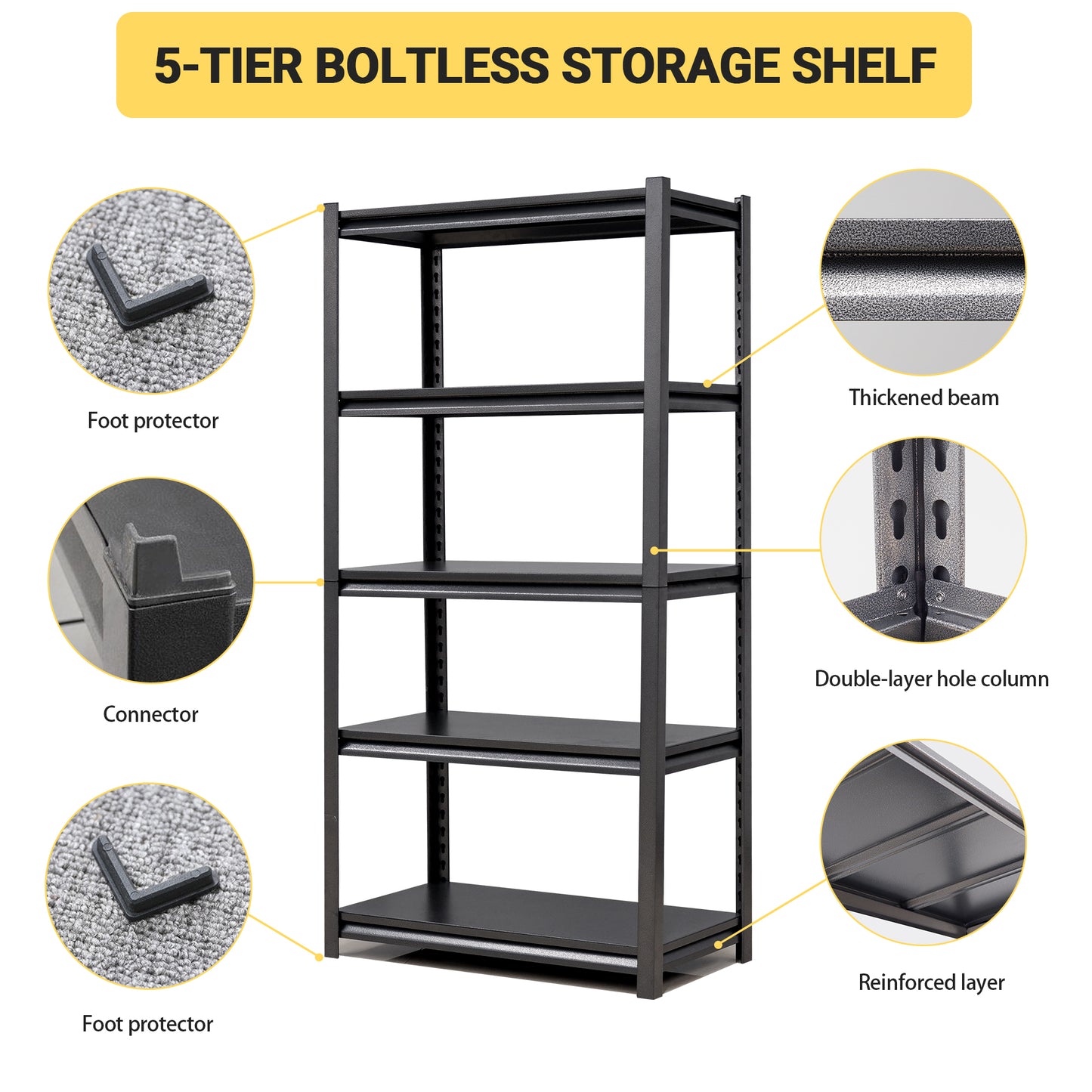 VIYET 72" 5-Tier Heavy-Duty Metal Storage Shelves - 2000lbs Total Capacity Adjustable 35.4" W Rack for Garage, Kitchen & Warehouse, Black