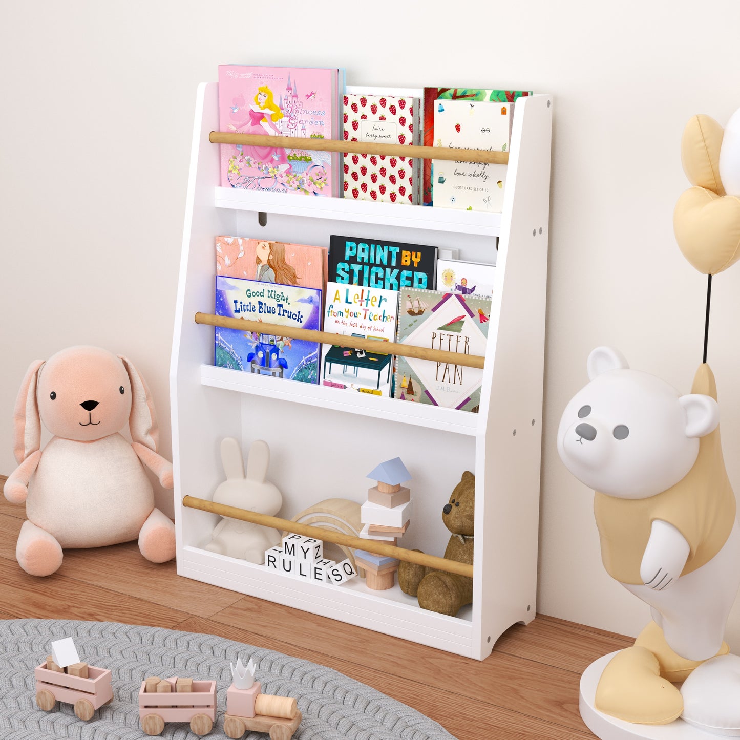 VIYET 3 Tier Kids Bookshelf, Front Facing Book Display Rack for Toddlers, Wooden Book Organizer for Bedroom, Playroom, Nursery and Classroom, White