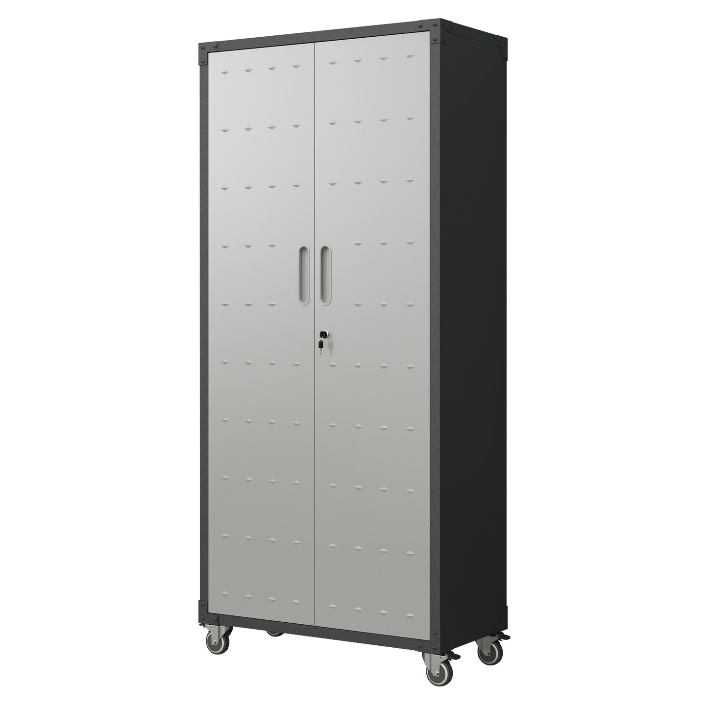 VIYET 71"H Heavy-Duty Steel Garage Cabinet with Wheels & Lock - 3 Adjustable Shelves, 2 Hinged Doors, Mobile Organizer for Garage/Home/Office/School, Black+Gray