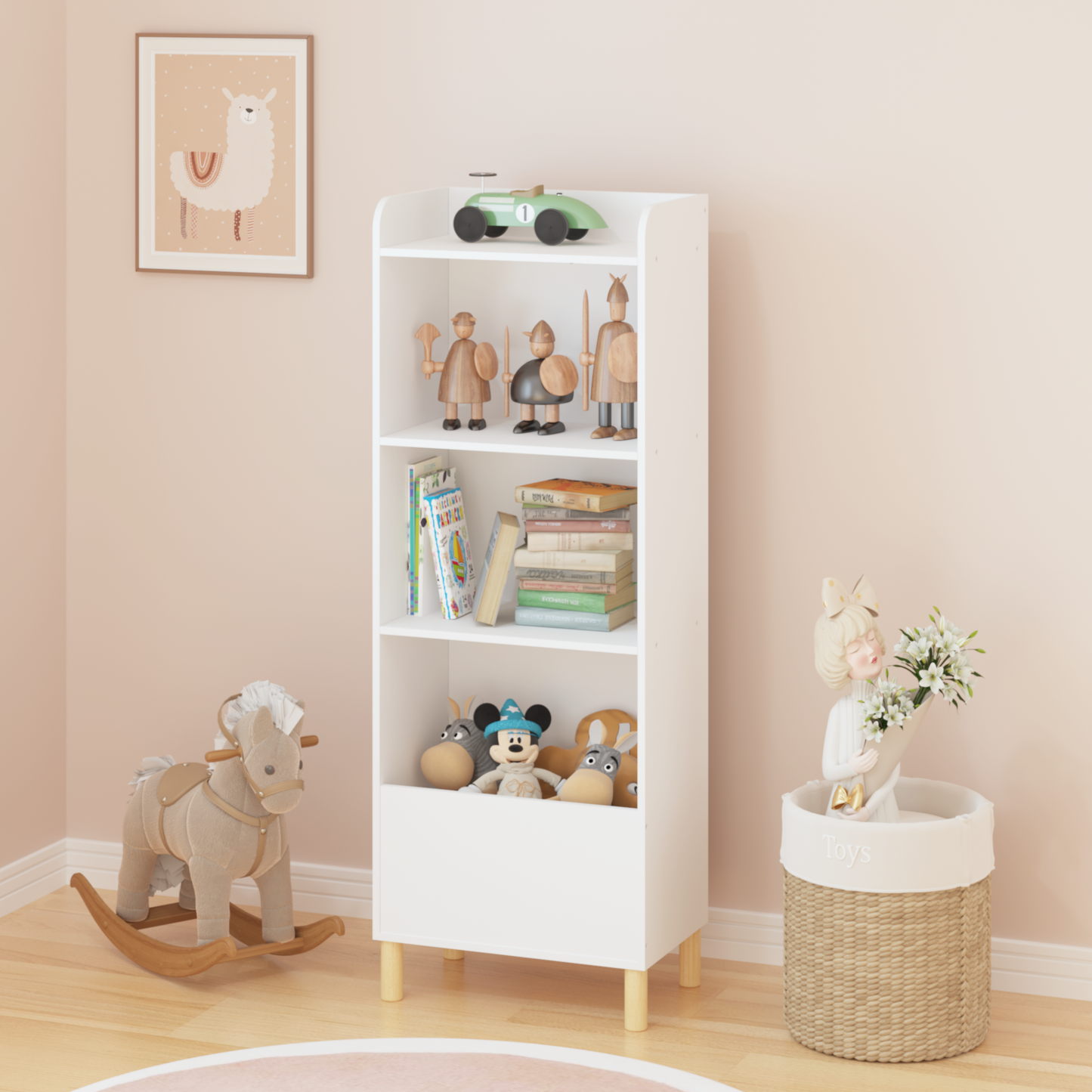 VIYET 51" Kids 4-Tier Bookcase, White MDF+Pine Legs Storage Organizer w/ Anti-Tipping Device (Nursery/Playroom Display Rack)