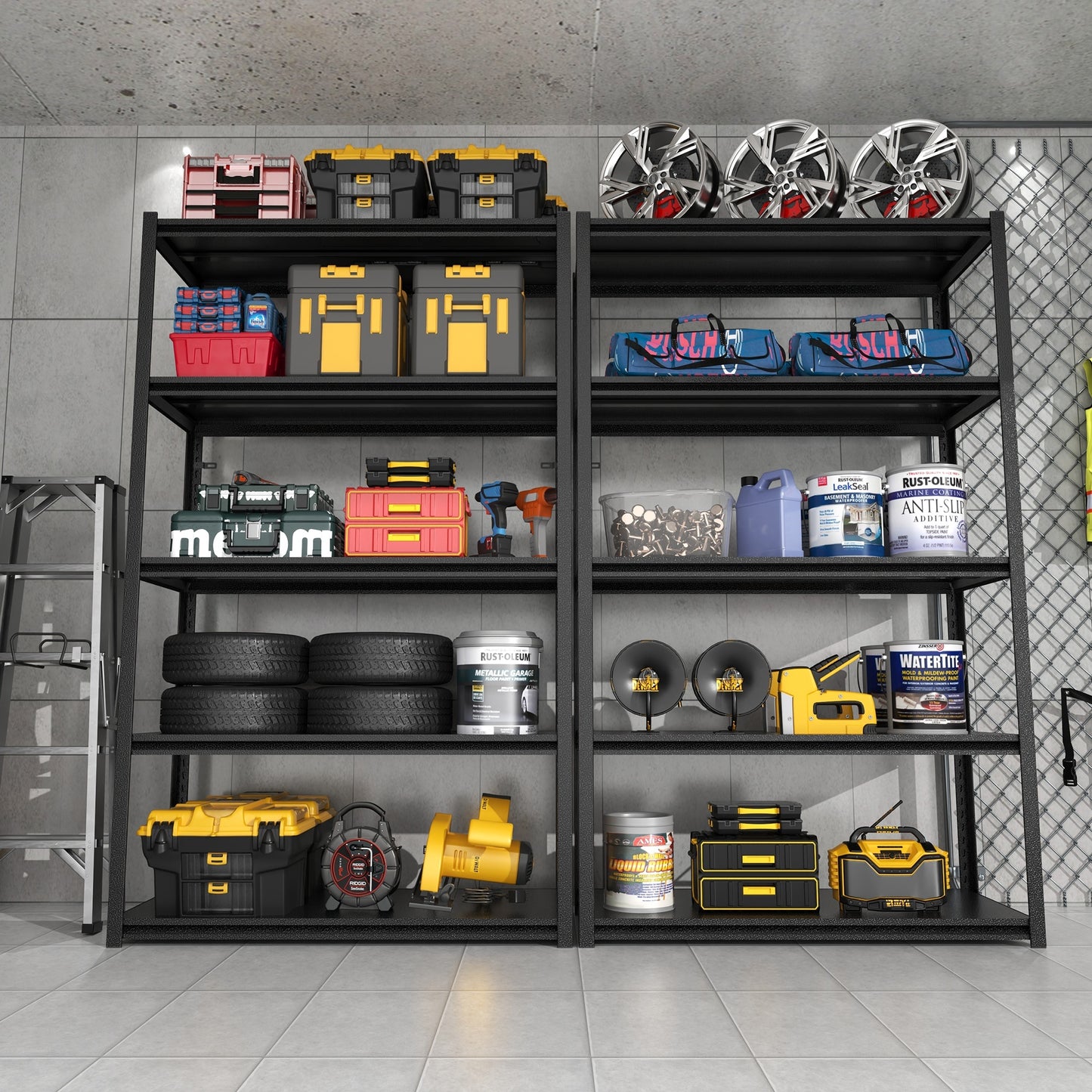 VIYET 72"H 5-Tier Heavy-Duty Metal Storage Shelves - 2000LBS Total, 47.2"W×23.6"D Extra-Spacious Adjustable, DIY Split into 2 Workbenches, for Garage/Kitchen/Gym/Warehouse (Black+Gray)