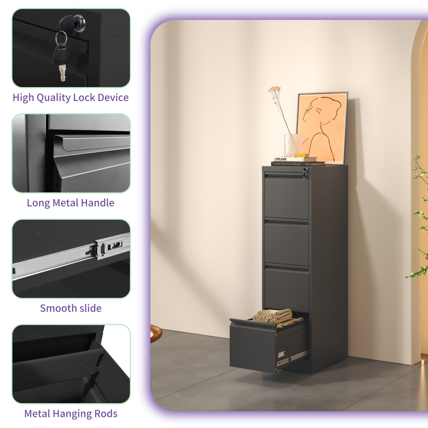 VIYET 52" 4-Drawer Metal Vertical File Cabinet with Lock, Tall Slim Locking Filing Cabinet for Home Office, Fits Letter, Legal & A4 Files