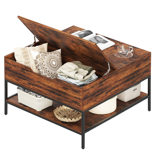 VIYET 32” Farmhouse Lift Top Coffee Table with Storage, Rustic Wood Grain Living Room Center Table, Hidden Compartment & Open Shelves