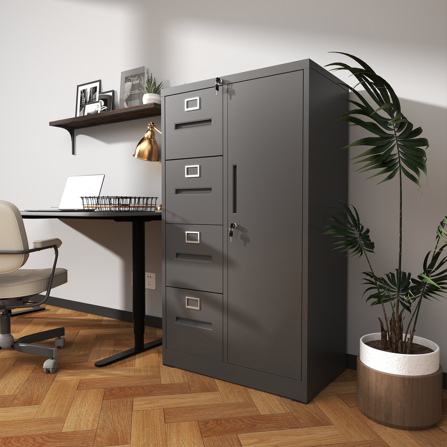 VIYET Black Metal Vertical Filing Cabinet with Lock, 4 Drawers & 1 Door Steel Storage Locker for Office Home School Bedroom