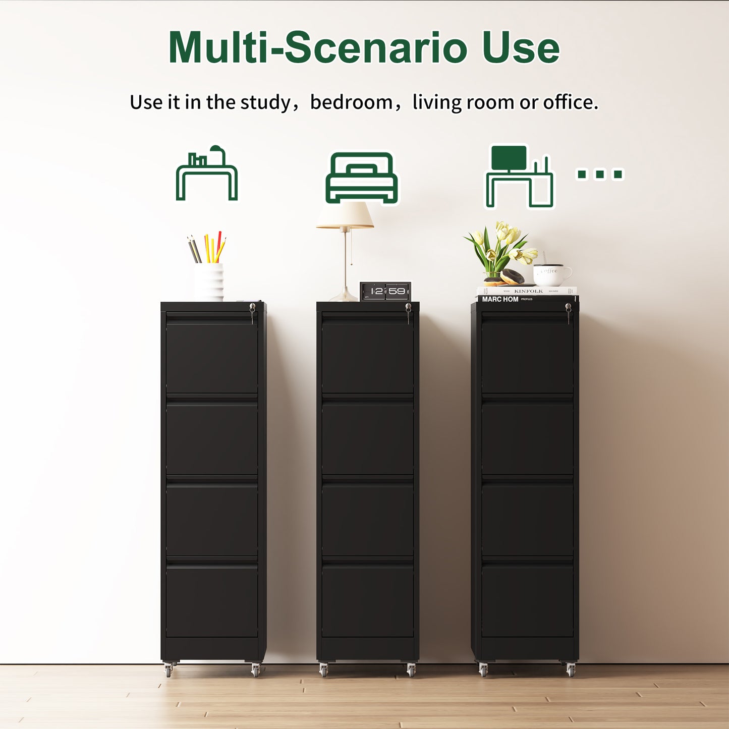 VIYET 52"H 4-Drawer Locking Vertical File Cabinet on Wheels, Black Heavy-Duty Metal Cabinet for Home/Office, Fits Legal/Letter