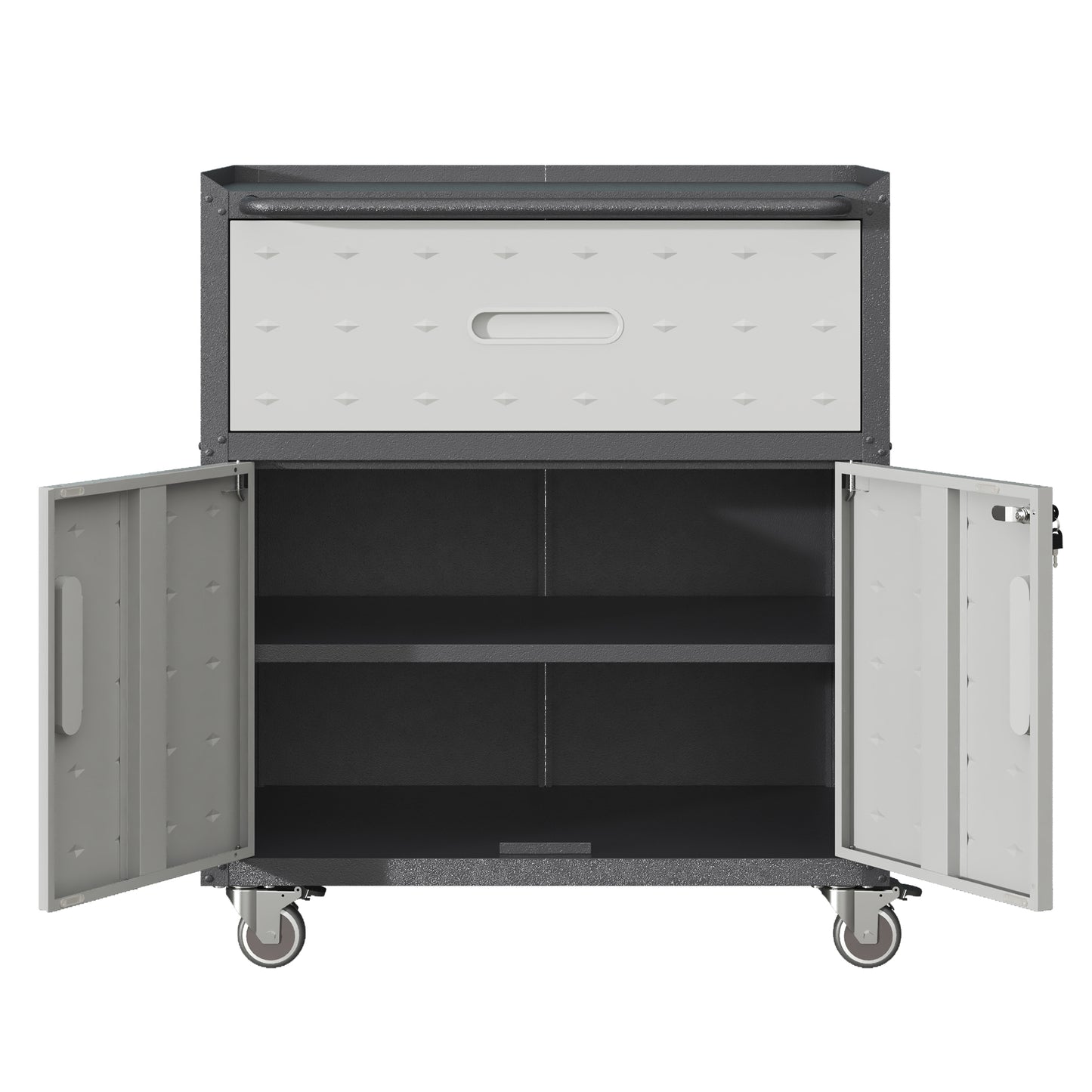 VIYET 35"H Heavy-Duty Mobile Steel Tool Cabinet, 360° Lockable Casters, 3-Sided Top Fence, Garage/Home/Office/Workshop, Black+Gray