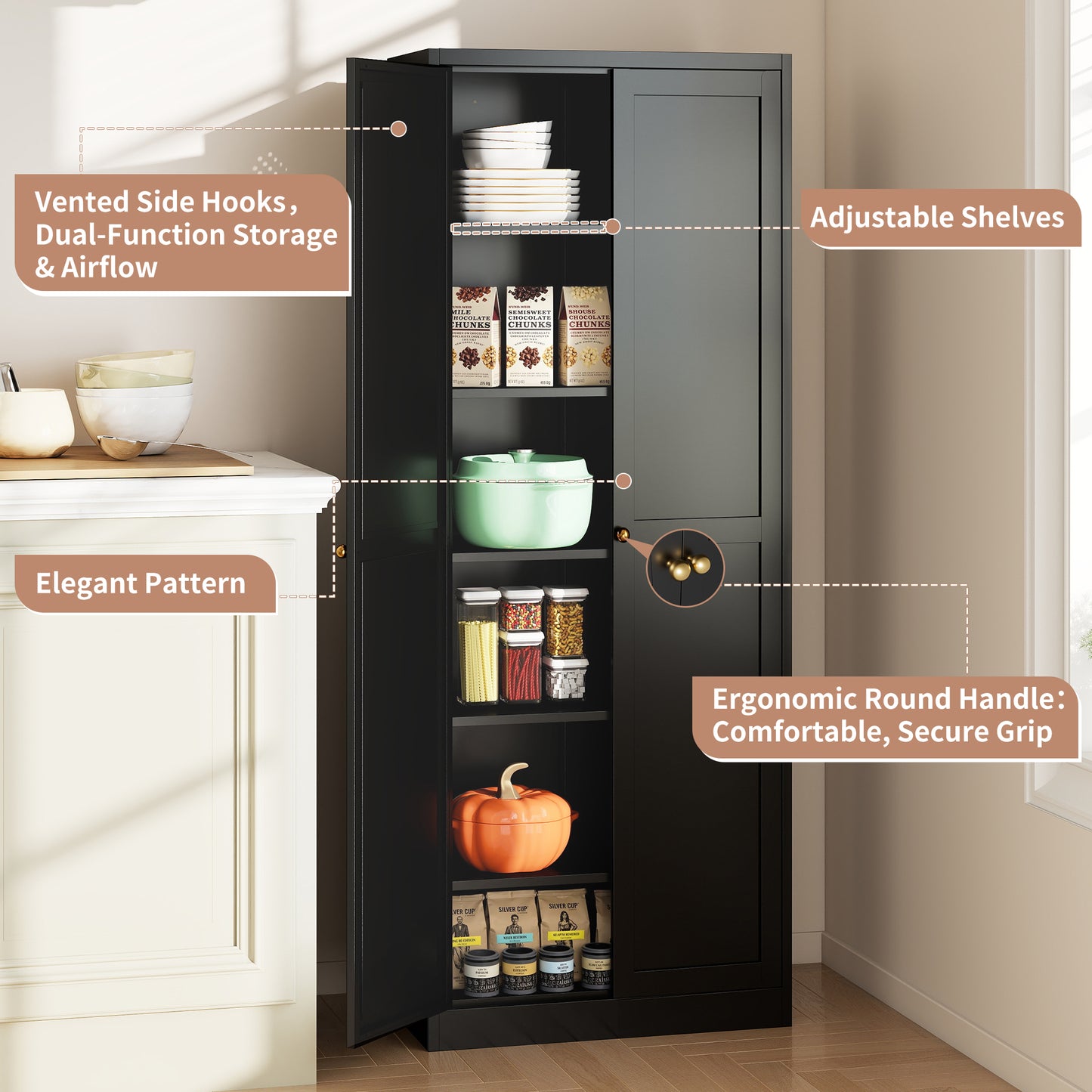 VIYET 72" Black Metal Kitchen Pantry Cabinet with Doors, 5 Adjustable Shelves, Heavy-Duty Tool-Free Freestanding Organizer