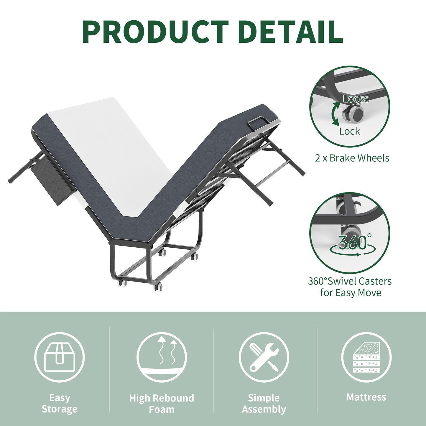 VIYET Twin Folding Rollaway Guest Bed with Side Storage Pocket, 5" Memory Foam Mattress, 450LB Heavy Duty Bed with Wheels