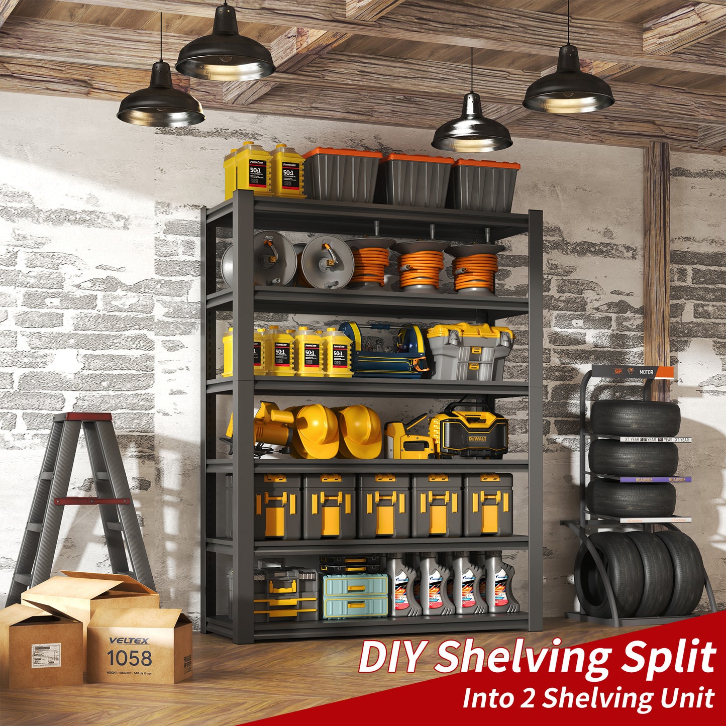 VIYET 82"H 6-Tier Heavy-Duty Metal Storage Shelves - 2400LBS Total (400LBS/Shelf), 48"W×18"D Adjustable, for Garage/Kitchen/Gym/Warehouse (Black+Gray)