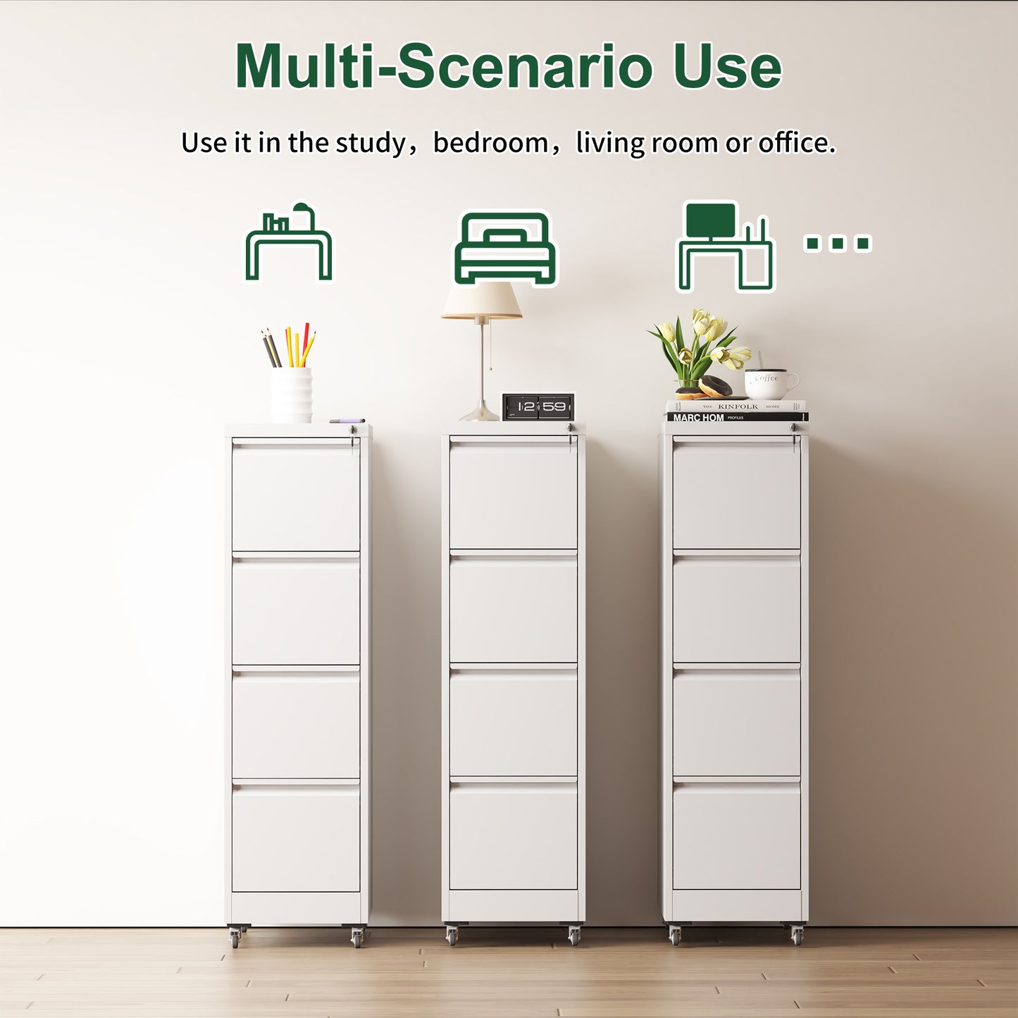 VIYET 4-Drawer Rolling Metal File Cabinet with Lock, Vertical Filing Cabinet on Wheels, Fits Letter & Legal Files, White