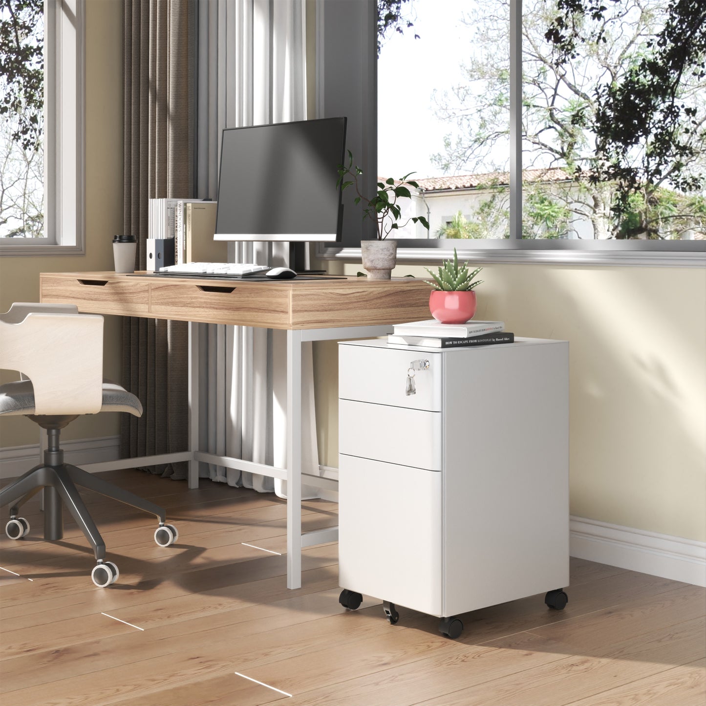 VIYET 3 Drawer Mobile File Cabinet with Lock, Steel Under Desk Rolling Filing Cabinet, Anti-Tip Design for Home Office