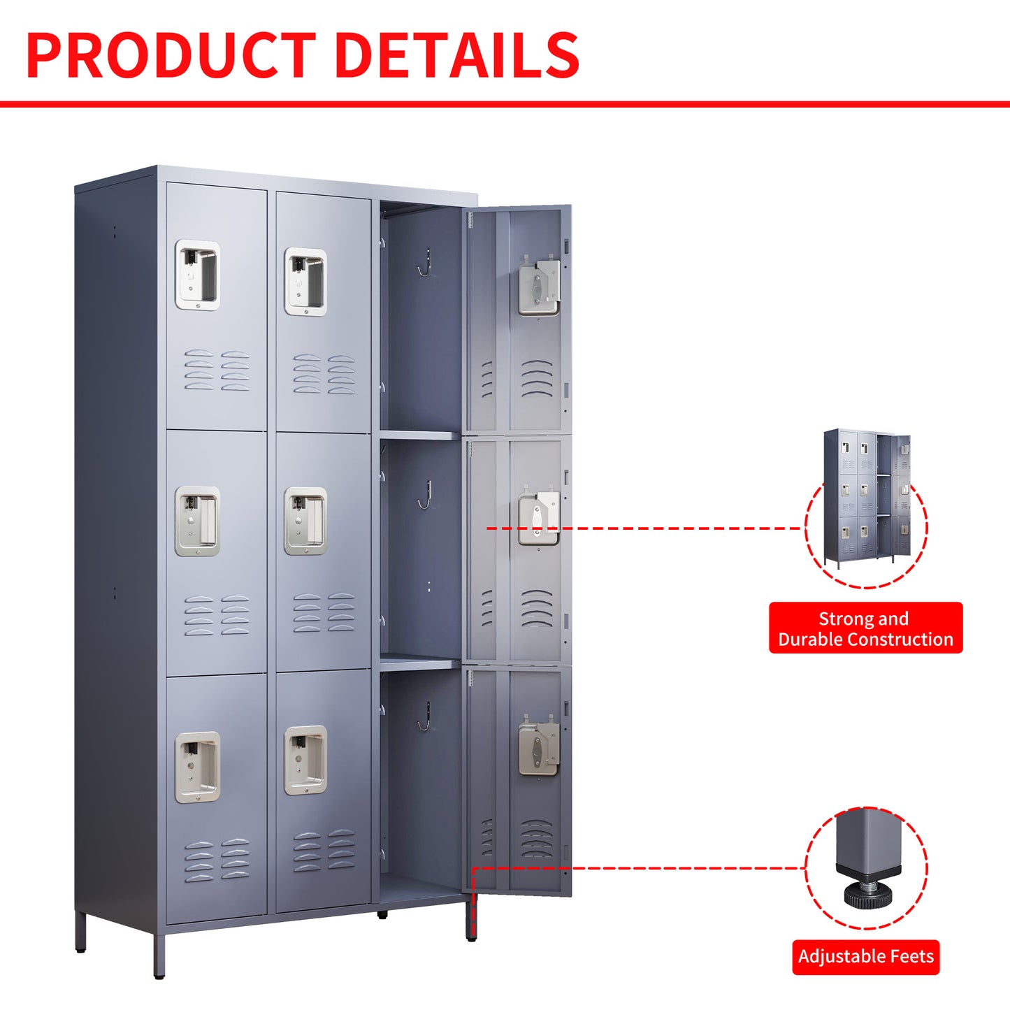 VIYET 72" Metal Storage Locker, 9 Door Lockable Employee Locker Cabinet, Freestanding Steel Locker for School, Office, Gym & Garage, Gray
