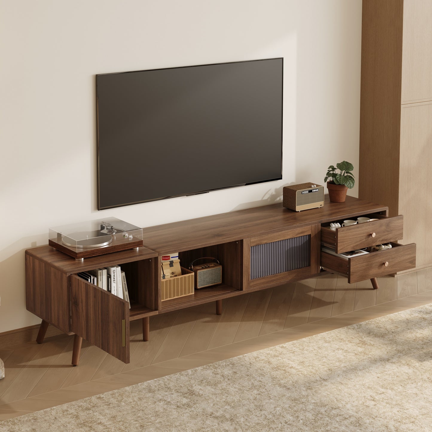 VIYET 77"Modern Minimal TV Stand, Wood-Grain Glass-Door Media Console (for TVs up to 85"), Solid Wood+MDF Storage Cabinet