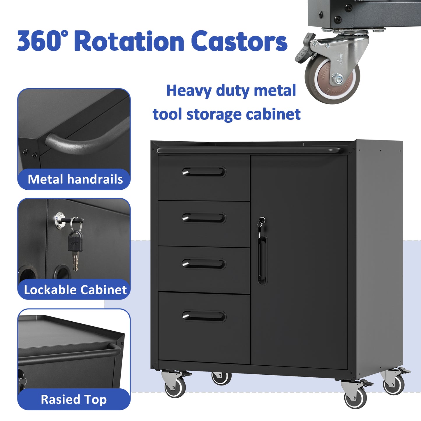 VIYET 35"H Heavy-Duty Mobile Steel Tool Cabinet, Categorized Drawers, Lockable Adjustable Shelf, 360° Casters, Black+Gray, Garage/Home/Office/Workshop