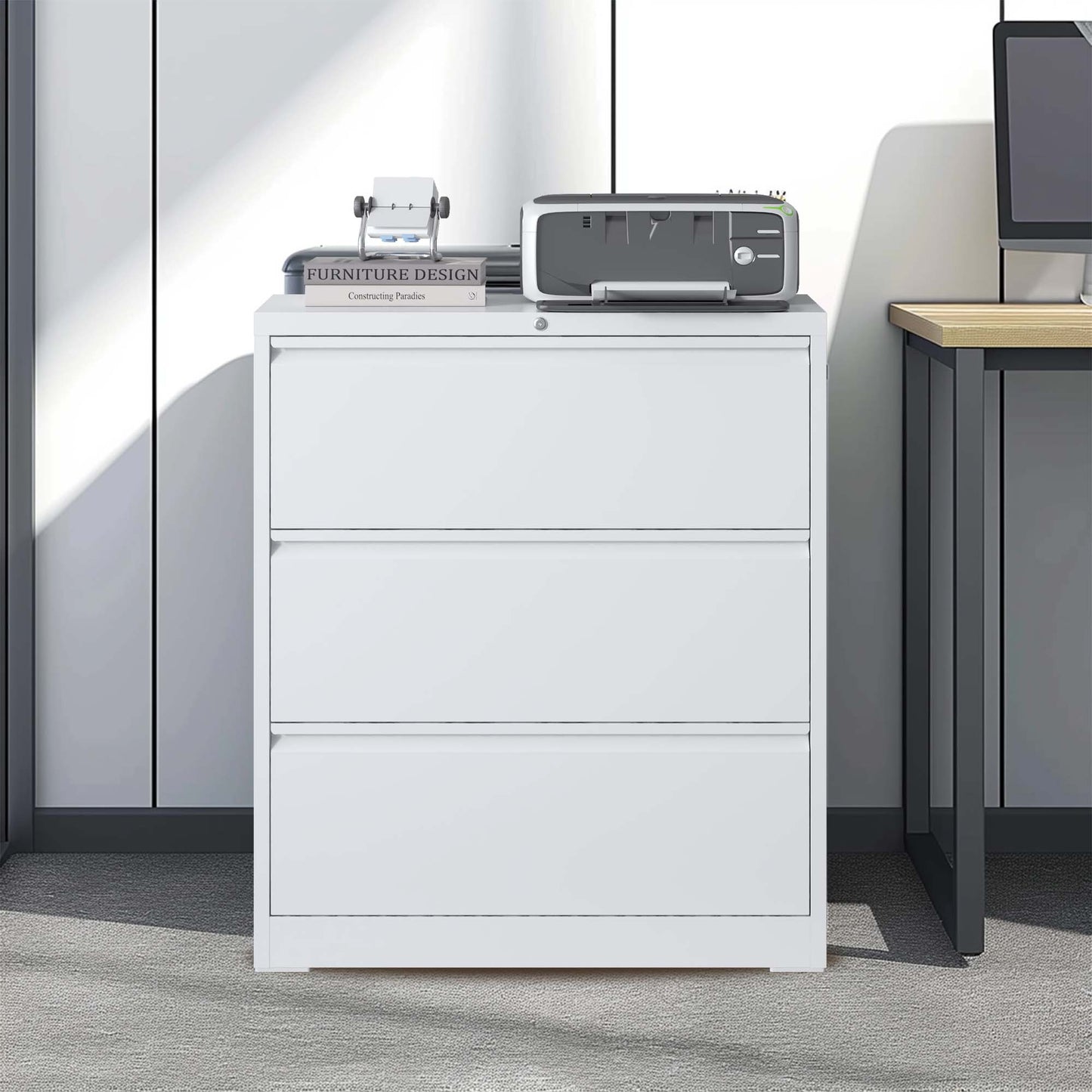 VIYET - 35"W 3-Drawer Lateral File Cabinet with Lock, Metal Filing Cabinet for Home Office, Fits Legal/Letter/A4/F4, White
