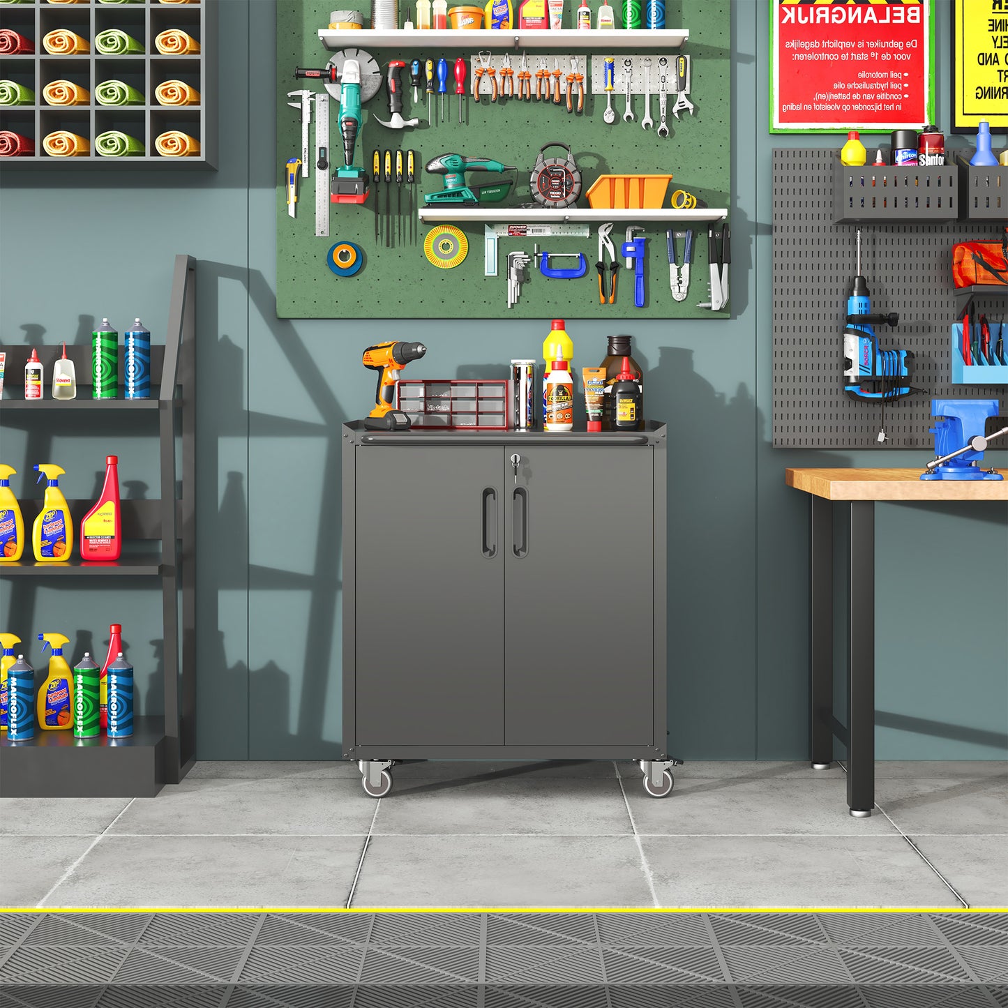 VIYET 31"H Heavy-Duty Cold-Rolled Steel Cabinet with Wheels - Lockable (2 Keys) + Adjustable Shelf, 360° Silent Lockable Casters, DIY Workstation Top, Mobile Organizer for Garage/Home/Office/Kitchen