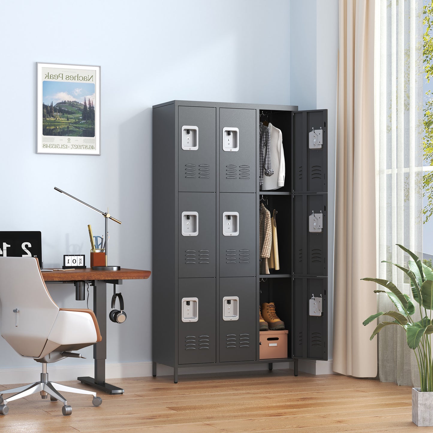 VIYET 72" 9 Door Metal Storage Locker Cabinet with Locks, Freestanding Steel Employee Locker for School, Office, Gym & Garage, Black
