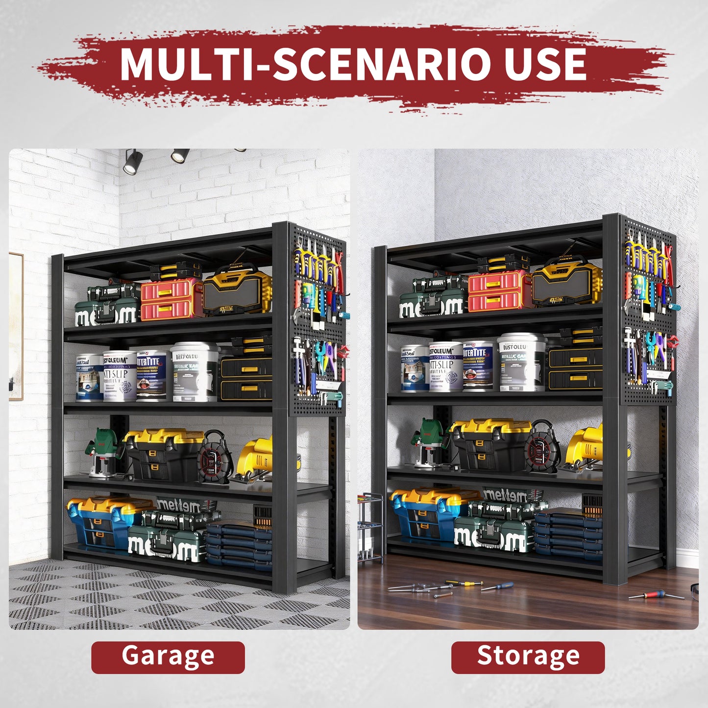 VIYET 72"H 5-Tier Adjustable Metal Shelving with Pegboard, 2000LBS Heavy-Duty Storage Rack for Garage Kitchen Office